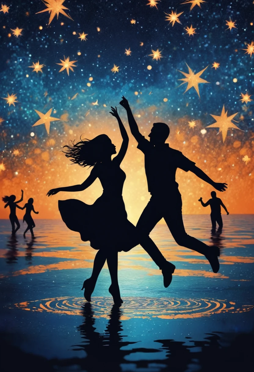 (best quality,highres:1.2),silhouette of  people Dancing on the Sea Surface,starry background,blue,orange,blurred,zentangle style,black, crunch it, make it outstanding, the best emotive silhouette ever, sparkles, sea, musical explosions, flying musical notes, magical, thanks. By Tupu...lol...