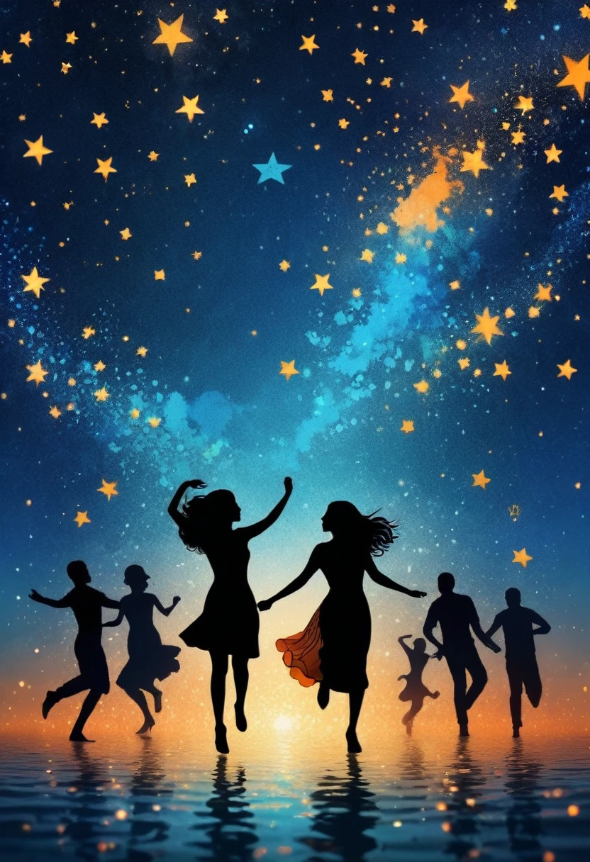 (best quality,highres:1.2),silhouette of  people Dancing on the Sea Surface,starry background,blue,orange,blurred,zentangle style,black, crunch it, make it outstanding, the best emotive silhouette ever, sparkles, sea, musical explosions, flying musical notes, magical, thanks. By Tupu...lol...