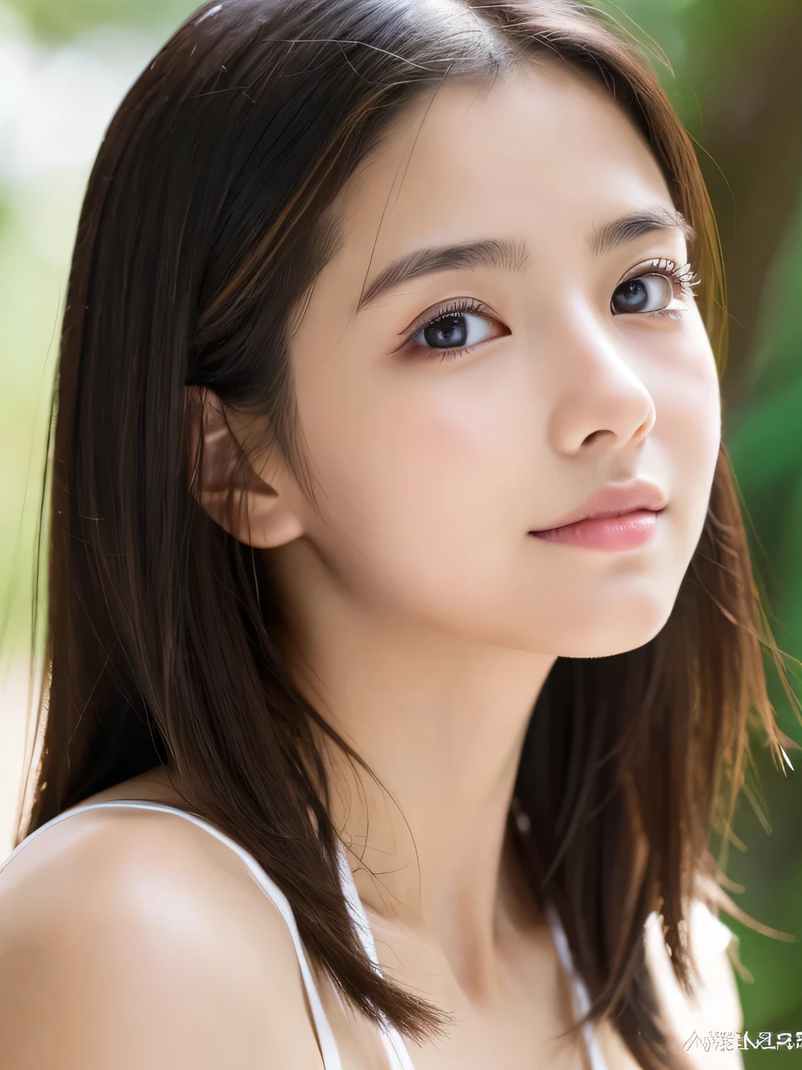 (((32k,high details,high detail、masterpiece,attention to detail,alone))),Raw photo & realistic atmosphere,beautiful dark blue eyes,detailed mouth,glossy lips,thin eyebrows,fine eyes、Soft white skin that shines in every detail、sheの深い黒色の目はとても美しいです,lip details、very beautiful face,very well-shaped face、lifelike face,shining beautiful lips,beautiful eyebrows,infinite reality, Realistic young gravure idol,she'she'she'she'she'she'she's a very cute woman , young gravure idol, young gravure idol, とても美しくてかわいい121-year-old beautiful girl,incredibly beautiful and classy121-year-old beautiful girl,natural soft light,(shiny hair,,Beautiful and kind eyes:1.5),gentle smile,well-shaped chest,medium long hair,seaside,bikini,beautiful posture,no makeup,Upper body,