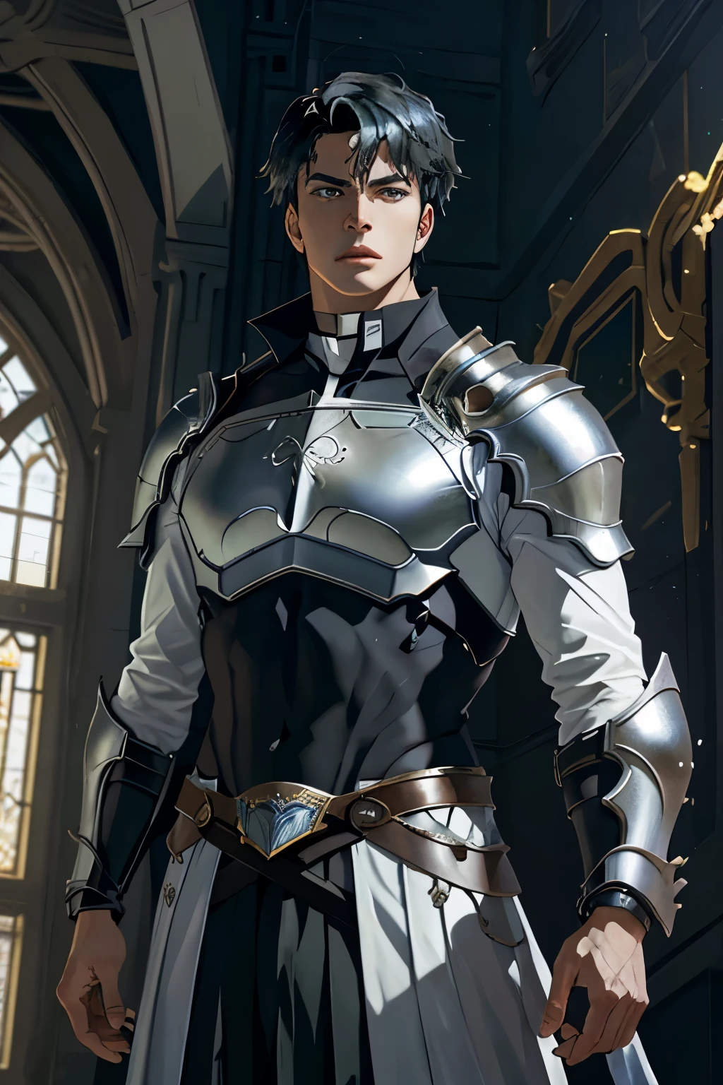 Portrait of a man, 1boy, Solo, Stand quietly, Heroes, A hero never seen before, jawline, Male, Epic, Handsome, prince, warrior, Silver armor, hyperdetailed 3d matte painting, cinemascope panoramic, awe inspiring, landscape, Natural skin texture, Sharp focus, ((Cinematic look)), insanely details, Intricate details, greg rutkovsky、Works of art by Caravaggio and Alphonse Mucha, analogue style, Castle, inside castle, Calm environment,