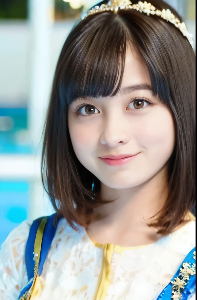 NSFW,highest quality,excellent details,ultra high resolution,1 girl, smile,dark brown hair, super detailed face, highly detailed lips, fine eyes, double eyelid,{marocaine:1.5},hair ornaments,Palace pool,belly button,{light blue arabic costume:1.5},{lots of gems:1.5},jewel necklace
