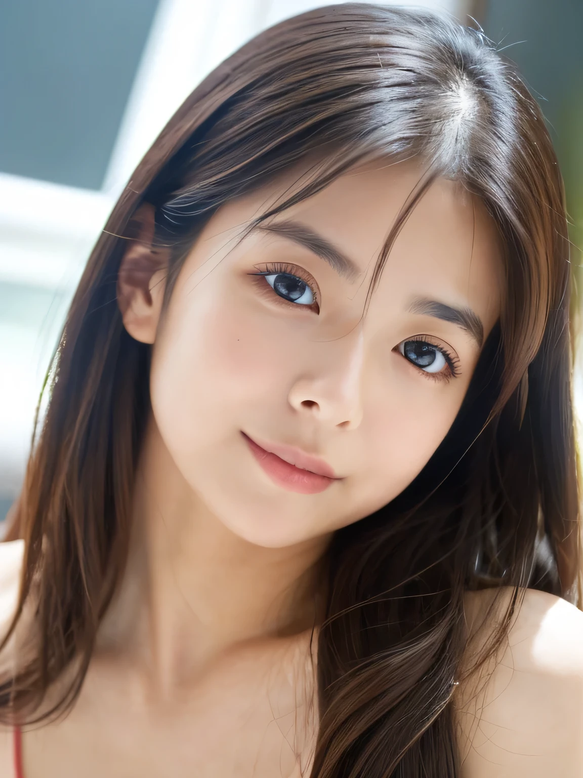 (((32k,high details,high detail、masterpiece,attention to detail,alone))),Raw photo & realistic atmosphere,beautiful dark blue eyes,detailed mouth,glossy lips,thin eyebrows,fine eyes、Soft white skin that shines in every detail、sheの深い黒色の目はとても美しいです,lip details、very beautiful face,very well-shaped face、lifelike face,shining beautiful lips,beautiful eyebrows,infinite reality, Realistic young gravure idol,she'she'she'she'she'she'she's a very cute woman , young gravure idol, young gravure idol, とても美しくてかわいい121-year-old beautiful girl,incredibly beautiful and classy121-year-old beautiful girl,natural soft light,(shiny hair,,Beautiful and kind eyes:1.5),gentle smile,well-shaped chest,medium long hair,seaside,bikini,beautiful posture,no makeup,Upper body,