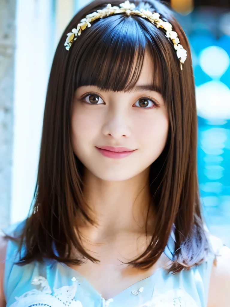 NSFW,highest quality,excellent details,ultra high resolution,1 girl, smile,dark brown hair, super detailed face, highly detailed lips, fine eyes, double eyelid,light blue arabic costume,marocaine,hair ornaments,Palace pool,belly button,thighs