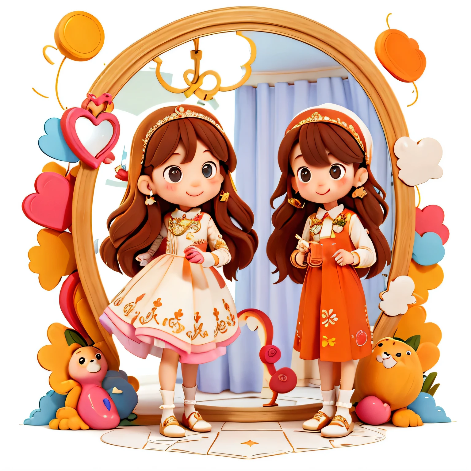 Girl with long brown hair，Put on a wedding dress，（look in the mirror），surrounded by mirrors，many mirrors，mirrors of different shapes（There is love）happy，（surrounded by love），logo，vector，line art，design，inspiration，straight line，cheap