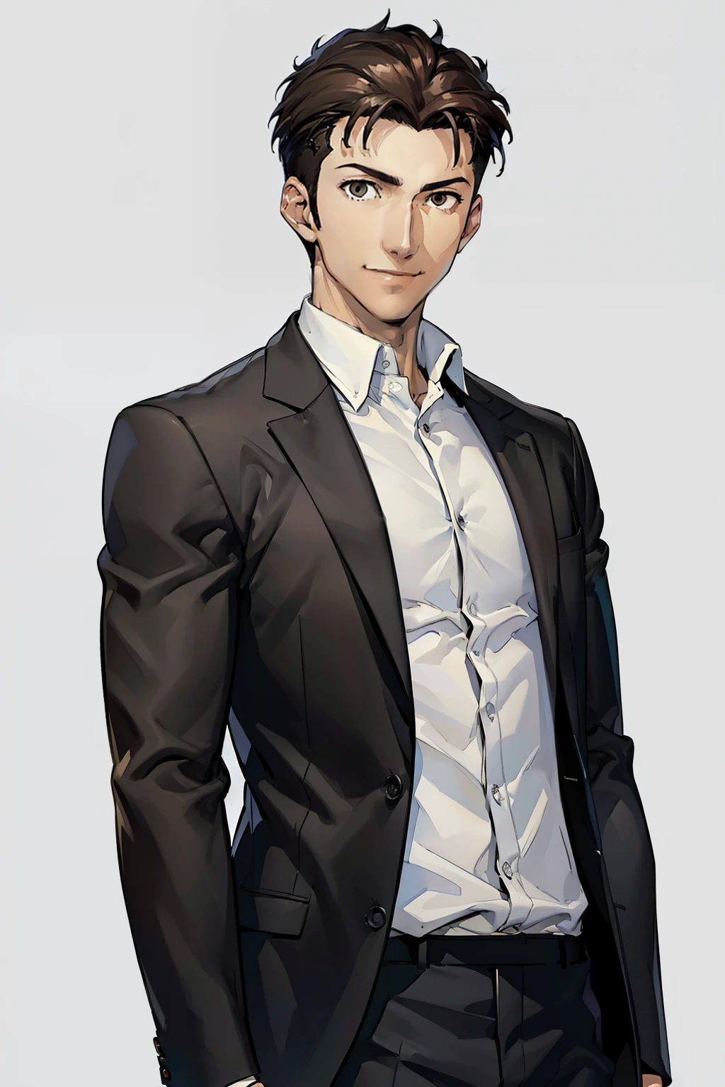 (masterpiece, highest quality:1.2),Good physique、Anime character standing in a black suit,(black jacket,white shirt)、 ((masterpiece, highest quality)) 1 boy、((short hair、brown hair,undercut)、(smile)