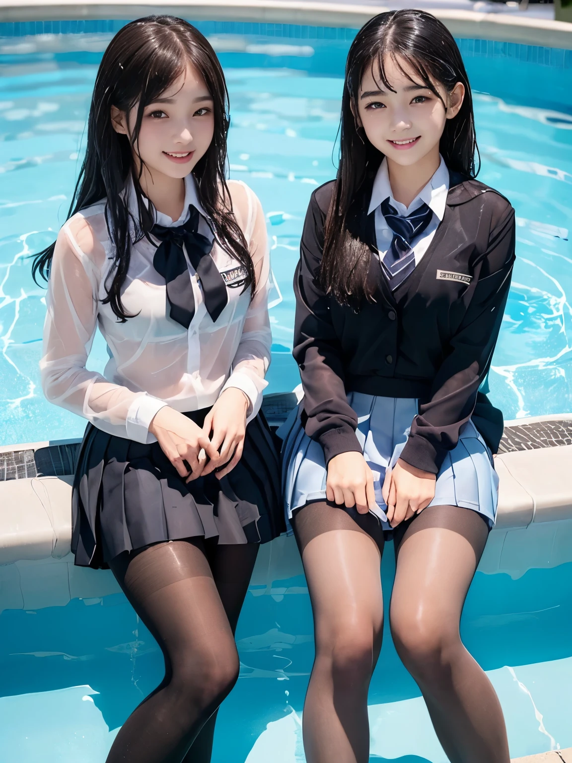 (((Two beautiful girls in their school uniforms in the pool)))、(((Wet and transparent 、Wet hair、pleated skirt、Black pantyhose)))、smile