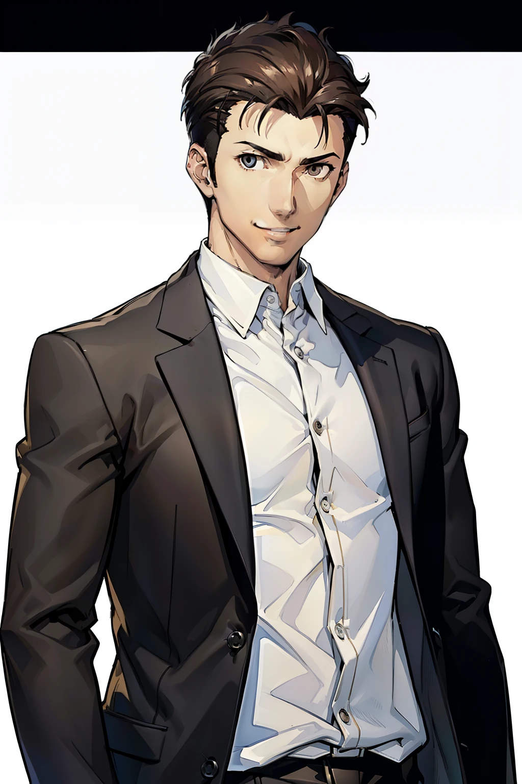 (masterpiece, highest quality:1.2),Good physique、Anime character standing in a black suit,(black jacket,white shirt)、 ((masterpiece, highest quality)) 1 boy、((short hair、brown hair,undercut)、(smile)