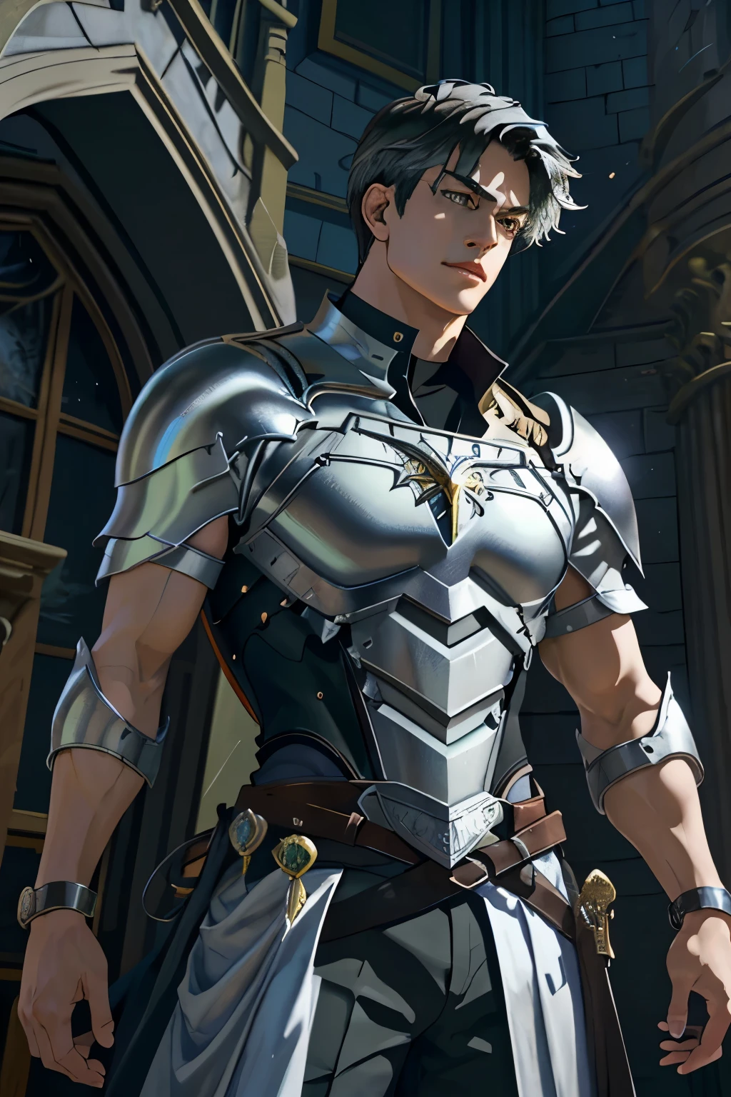 Portrait of a man, 1boy, Solo, Stand quietly, Heroes, A hero never seen before, jawline, Male, Epic, Handsome, prince, warrior, Silver armor, hyperdetailed 3d matte painting, cinemascope panoramic, awe inspiring, landscape, Natural skin texture, Sharp focus, ((Cinematic look)), insanely details, Intricate details, greg rutkovsky、Works of art by Caravaggio and Alphonse Mucha, analogue style, Castle, inside castle, Calm environment,