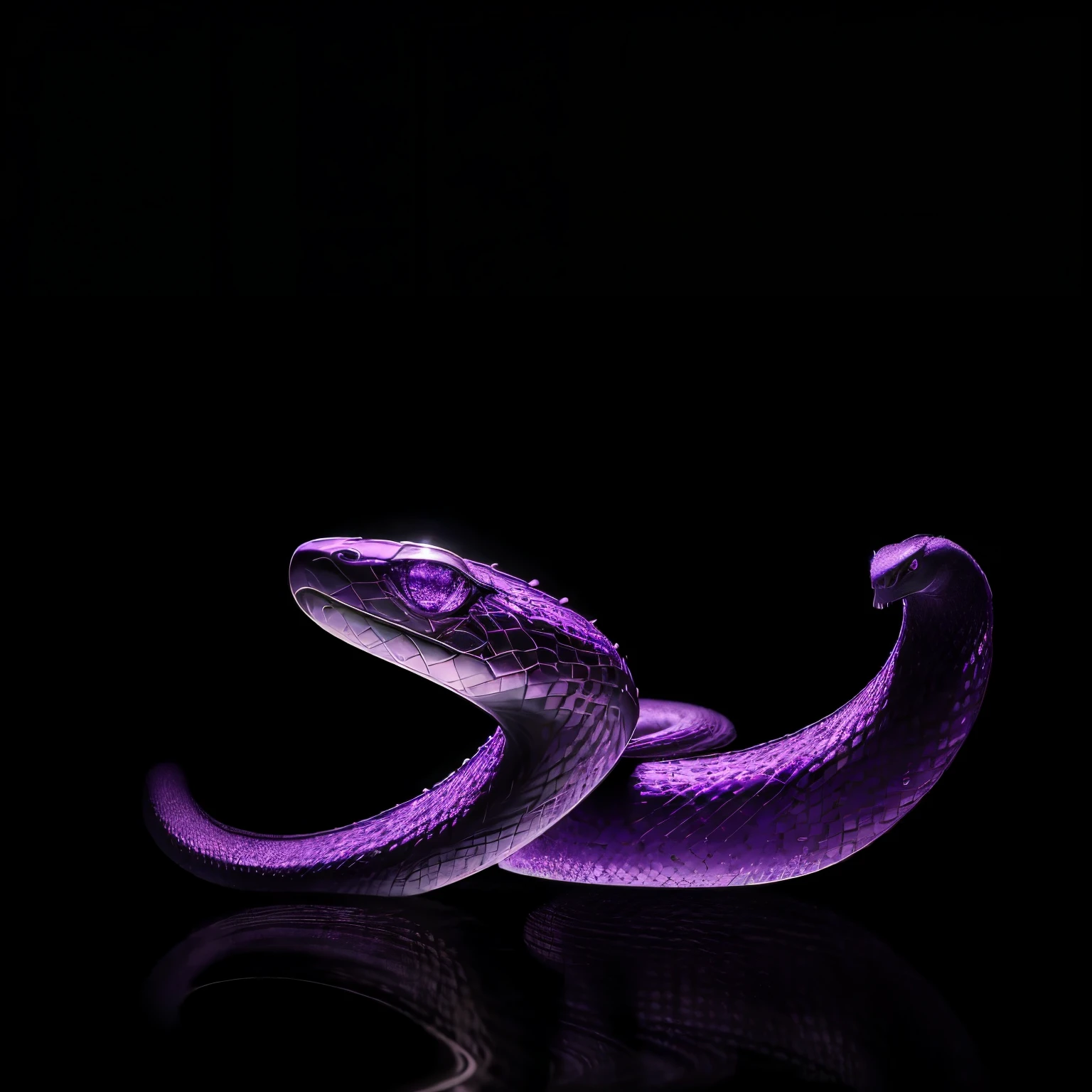 An alluring scene unfolds before us, featuring a solitary snake elegantly coiled around a majestic Purple amethyst rock. The snake's scales gleam with a captivating luster in the dim, enigmatic light. Its hypnotic eyes gleam with an otherworldly radiance, intensifying the enigma and allure.
The intricate texturing of the snake's skin is meticulously rendered in the highest detail, with each ripple, bump, and contour showcased in crystal clarity. The ethereal ambiance is amplified by the serene and tranquil environment, which emphasizes the magical energy emanating from this mesmerizing