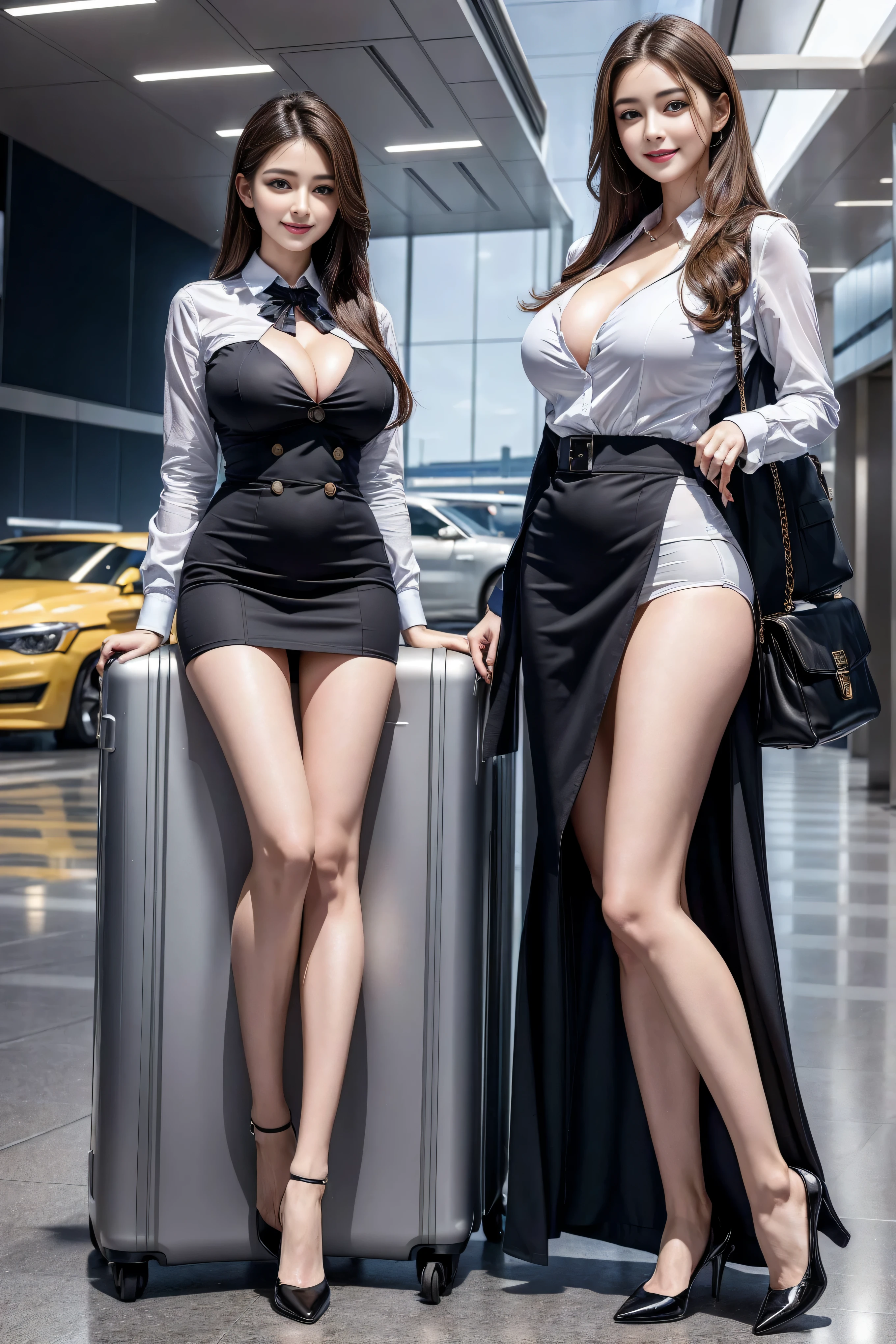 top quality, ?masterpiece, 8K, ultra high resolution, (realism:1.4), 2 girls in、beautiful expression、symmetrical eyes、huge 、perfect body proportions、Airline stewardess、split、look at the audience、(At the airport:1.2)、long legs(1.3)、a smile,body proportions,