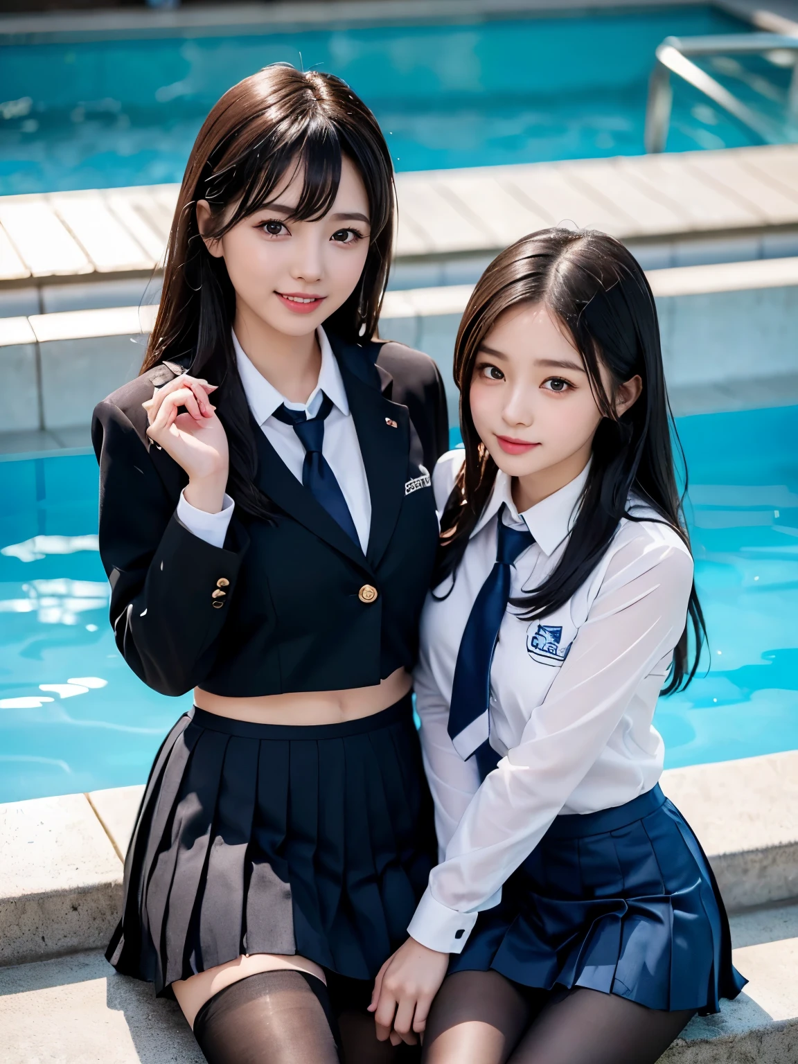 (((Two beautiful girls in their school uniforms in the pool)))、(((Wet and transparent 、Wet hair、pleated skirt、Black pantyhose)))、smile