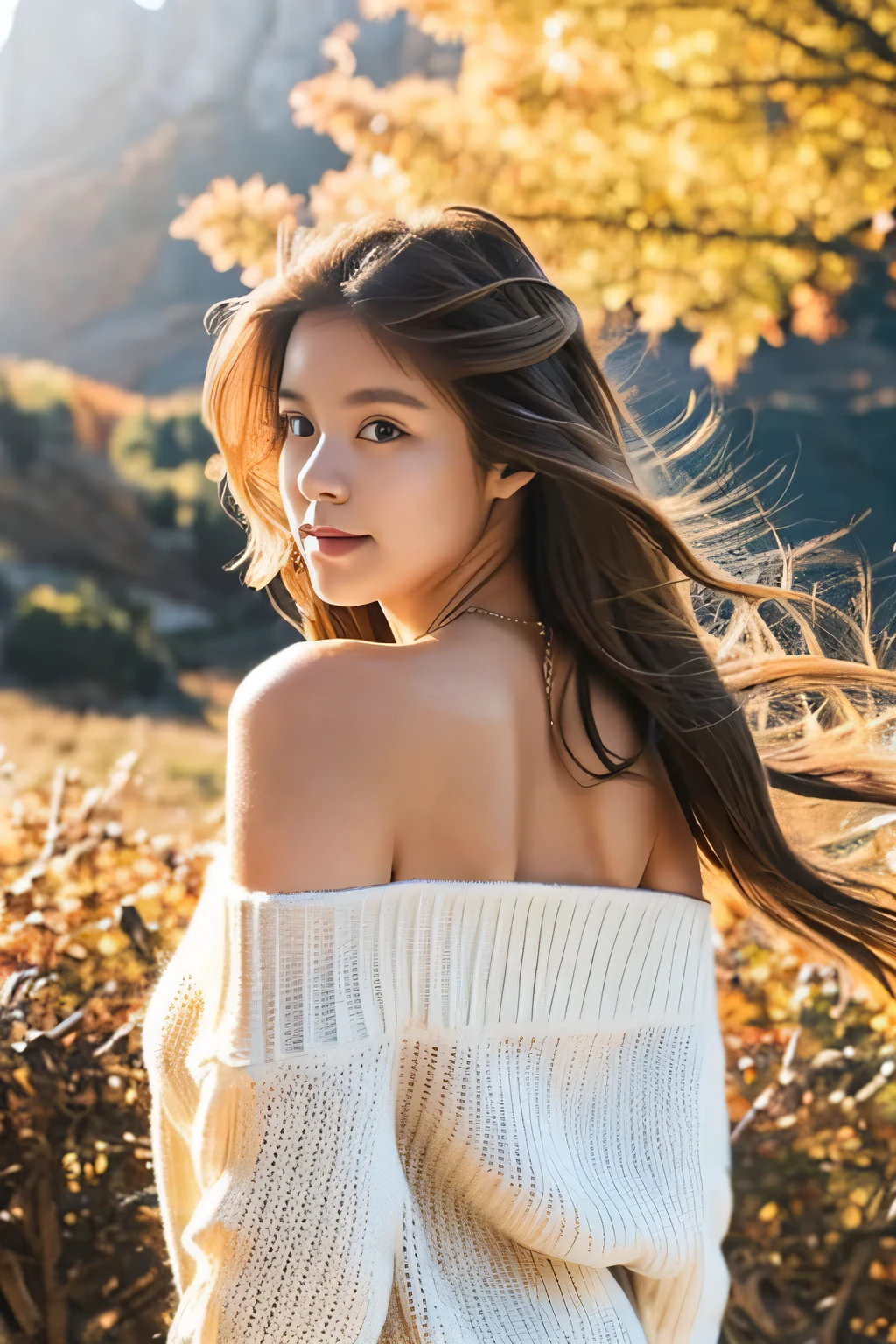 1 girl, 19 years old, alone, long hair, small tit, looking at the viewer, Long light brown hair blown by the wind, bare shoulders, full body, necklace, off shoulder, white sweater, realistic, sexy, autumn colors, mountains in the background々々.