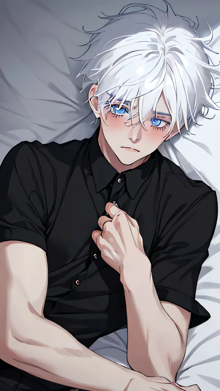 1boy, cute boy, wearing a black shirt and wearing black shorts, (white hair:1.2), messy hair, looking at viewer, blushing, (photo realistic:1.2), detailed eyes, blue sky eyes, he was lying on his back on the bed, (solo:1.2), fair skin
