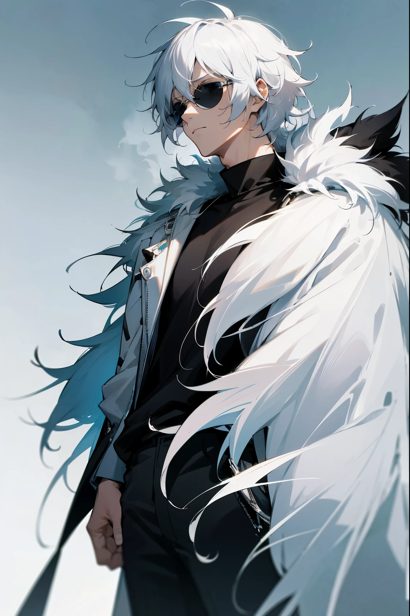 1male, white hair, bright blue eyes, gojo, messy shaggy hair, ((black aviators)), black t shirt, white fur oversized coat, baggy black pants, modern clothing, expressionless, detailed background, detailed face, modern japan city background, black shade glasses