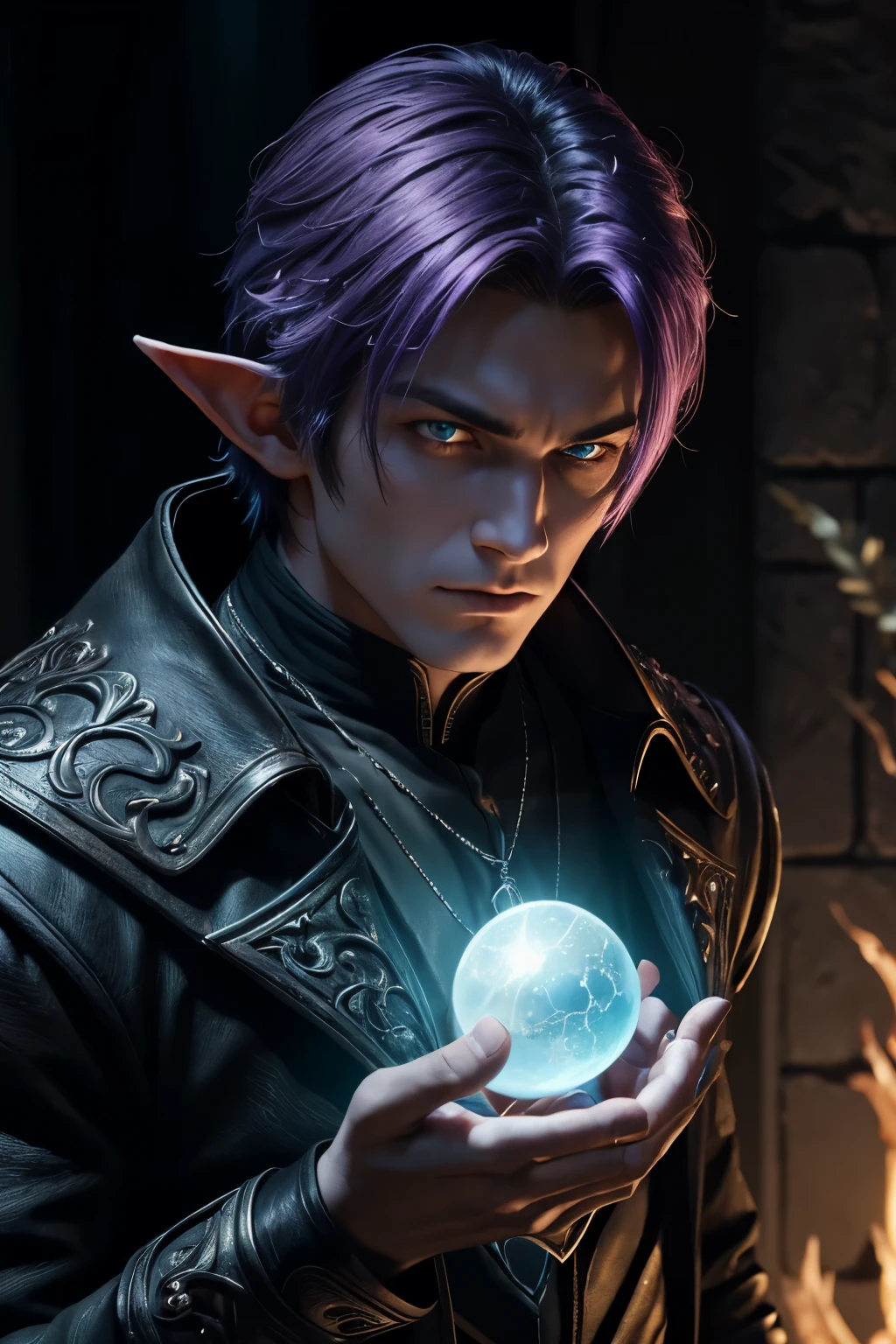 A young adult Dusk Elf male, he has purple hair and an glowing blue orb in his hand (1.1), he is handsome with sharp features, he is facing the viewer straight on with the orb clutched in one hand(1.1). He wears a red jeweled necklace (1.0), he is scary, he is menacing handsome, scary, gothic (1.1) (RAW photo., best quality), (realistic, Realistic), NVIDIA RTX Ray Tracing, octan render, high-resolution, beautiful, Awesome, finely and highly detailed, masterpiece, ultra-detailed, High, (best illustration), (best shadow), intricate, sharp focus, perfect composition, dark fantasy, volumetric mist, 8k UHD, DSLR, high quality, (grain of film: 1.4), Fujifilm XT3, art-station, smooth