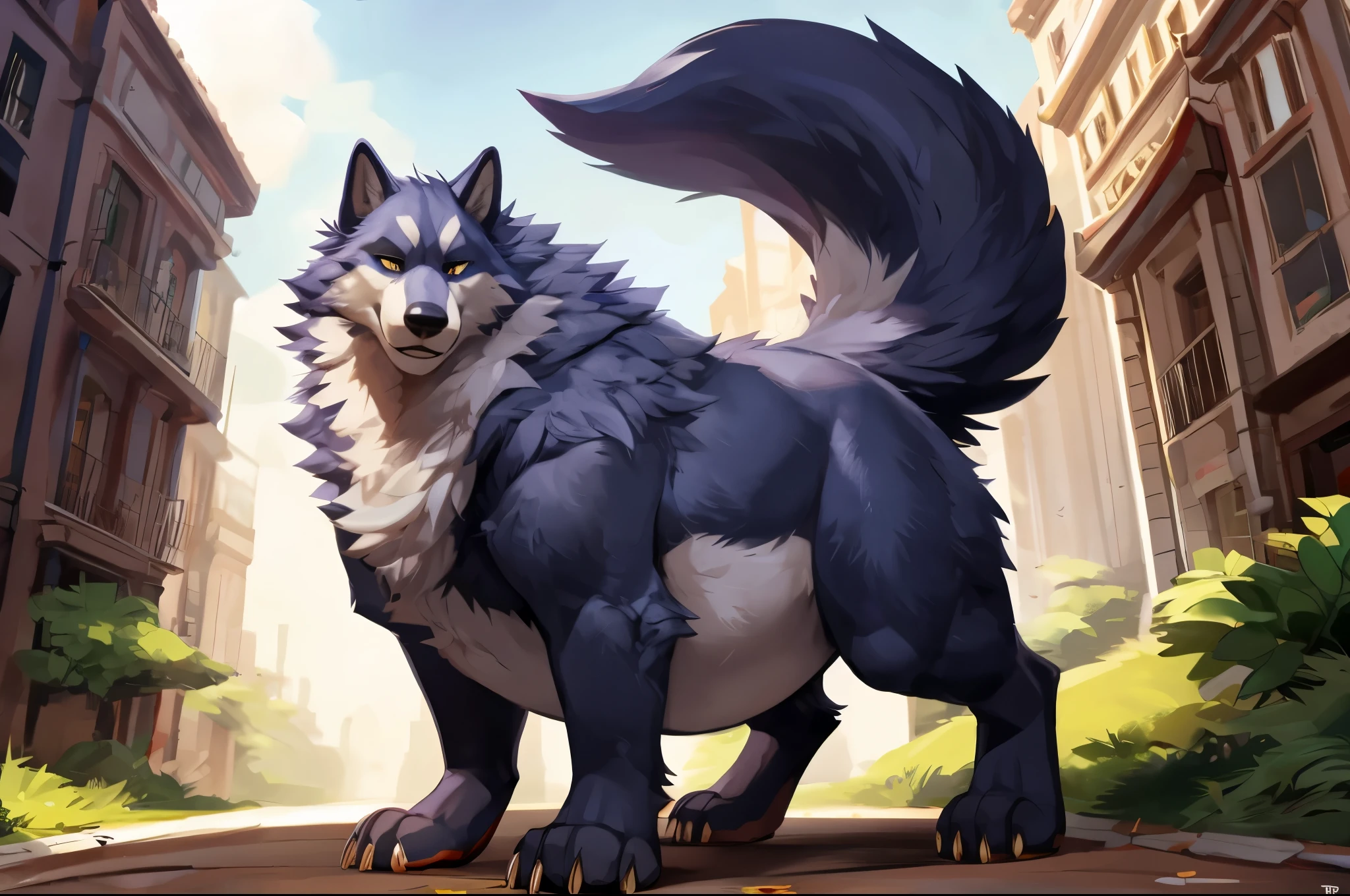 4k ultra quality, 4k full body view,(ultra high detailed body),strong wolf, detailed body,by mystikfox61, by glitter trap boy,feral paws, by bebebebebe,by morethreedee, by seibear,(thick thigh),(chubby thigh),thicc thigh,thick legs,chubby legs,thicc legs,massive butt,enomorous thigh,massive thigh,massive legs,thick lower legs,wide legs,(detailed thigh),(wide thigh),fluffy belly,furry belly,sharp nails,((sfw)),(ultra detailed face),detailed eyes,big tail,fluffy tail,(detailed tail),enomorous tail,bigger tail,huge tail,volumetric light,strong legs,bigger taur body,big lower belly,big paws,(thick paws),fluffy paws,furry paws,enomorous paws,animal focus, beast,standing,(bigger lower body),strong lower body,(long legs),front view,macro,giga,master works, super fine, 4k resolution, high quality,high picture detail,dark fantasy,illusory engine, Masterpiece,shiny fur,(hyper belly)
