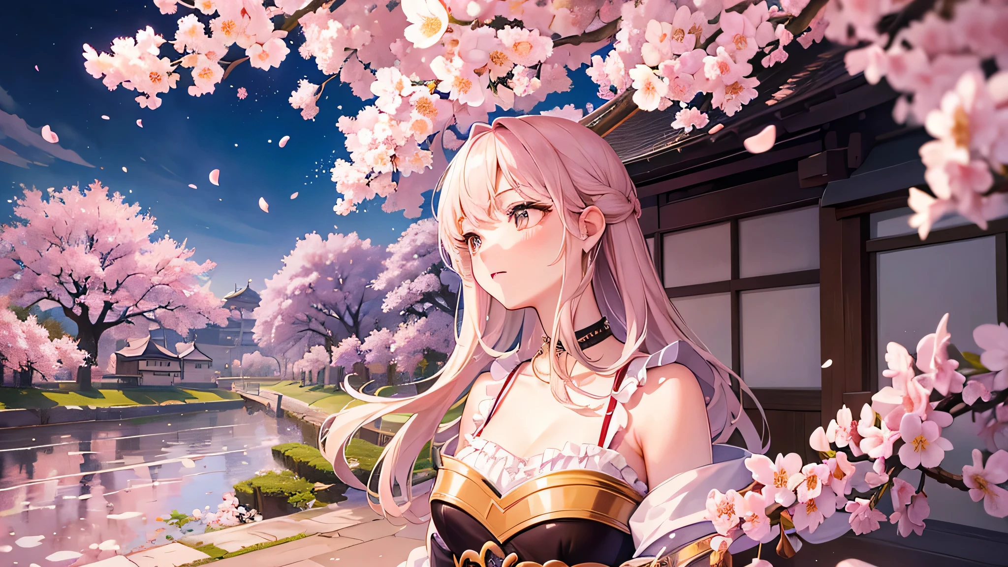 perfect anatomy, masterpiece:1.2, highest quality, 8K, beautiful and detailed growth, Utopian performance, (in the Kokura Castle, A field with many cherry blossoms in full bloom), (Kokura Castle Sakura Festival), The background is dancing cherry blossom petals..