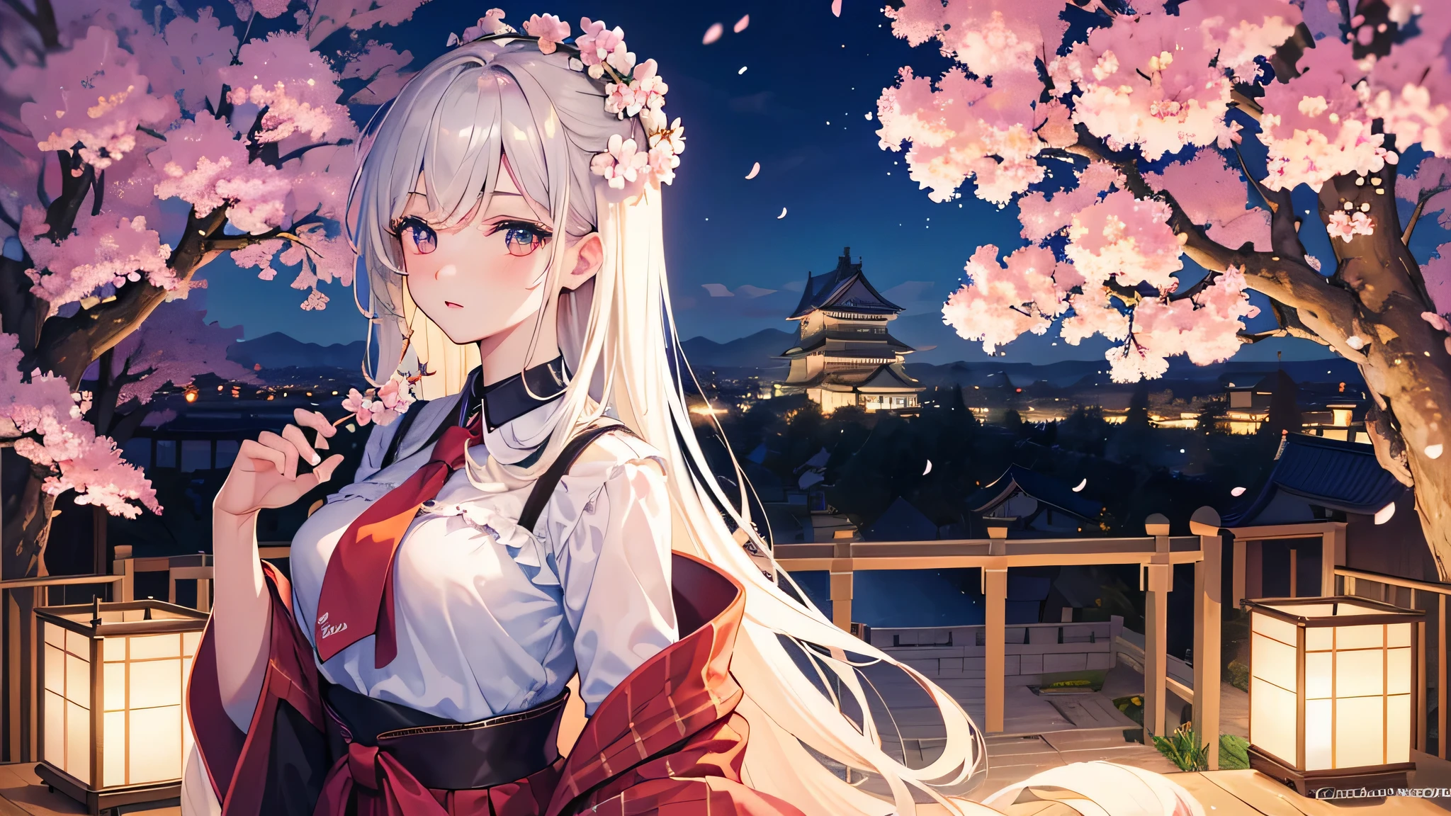 perfect anatomy, masterpiece:1.2, highest quality, 8K, beautiful and detailed growth, Utopian performance, (in the Kokura Castle, A field with many cherry blossoms in full bloom), (Kokura Castle Sakura Festival), The background is dancing cherry blossom petals..