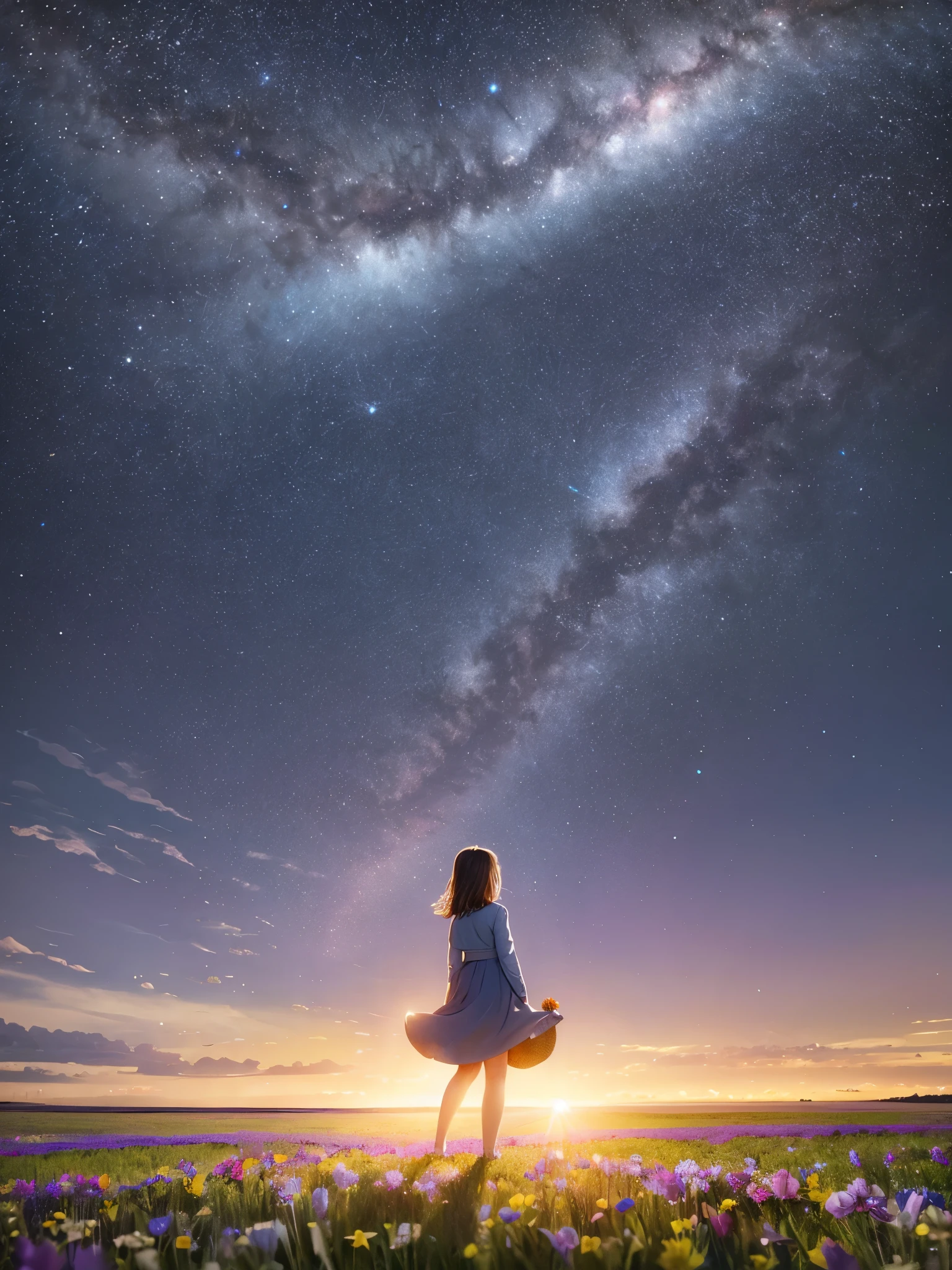 There is a girl standing in a flower field looking up at the sky, a girl standing in a flower field, a girl walking in a flower field, lost in a dreamy wonderland, fantastic digital painting, the sky gradually clears, the starry sky gradually recedes  