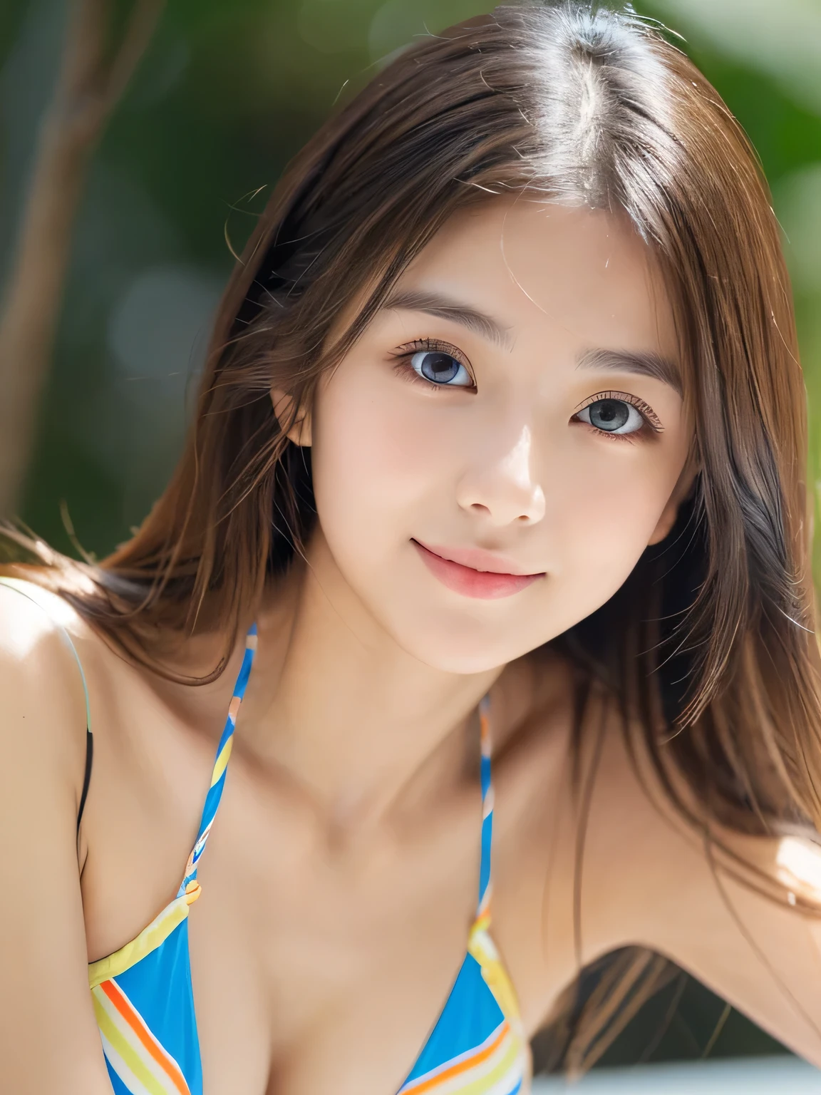 (((32k,high details,high detail、masterpiece,attention to detail,alone))),Raw photo & realistic atmosphere,beautiful dark blue eyes,detailed mouth,glossy lips,thin eyebrows,fine eyes、Soft white skin that shines in every detail、sheの深い黒色の目はとても美しいです,lip details、very beautiful face,very well-shaped face、lifelike face,shining beautiful lips,beautiful eyebrows,infinite reality, Realistic young gravure idol,she'she'she'she'she'she'she'she's a very cute woman , young gravure idol, young gravure idol, She is a very beautiful and cute 21 year old beautiful girl.,An incredibly beautiful and elegant 21 year old beautiful girl,natural soft light,(shiny hair,,Beautiful and kind eyes:1.5),gentle smile,well-shaped chest,medium long hair,seaside,bikini,beautiful posture,no makeup,whole body,