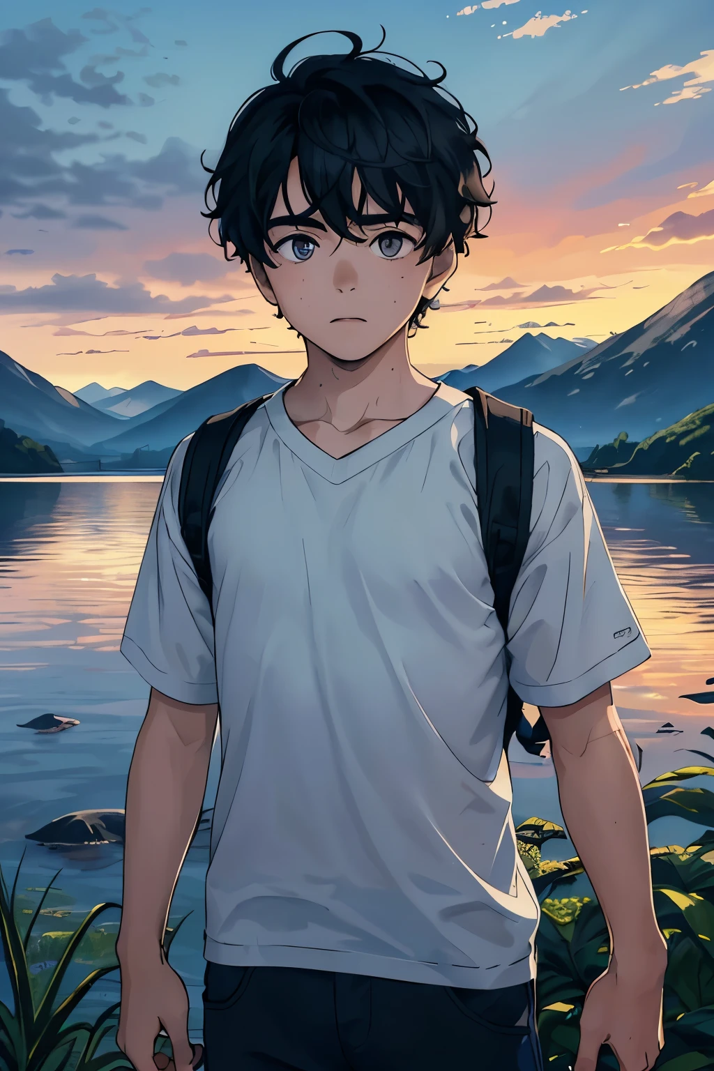 A young-looking boy is standing in the foreground, looking straight ahead and a serene expression on his face. Behind him, Majestic mountains covered in lush vegetation rise. The sky is filled with the warm colors of the sunset, creating a magical and tranquil atmosphere around the . Su cabello oscuro y su ropa son ligeramente agitados por la suave brisa de la tarde. His eyes are full of determination and curiosity as he scans the horizon, Ready to face any challenge that comes your way.