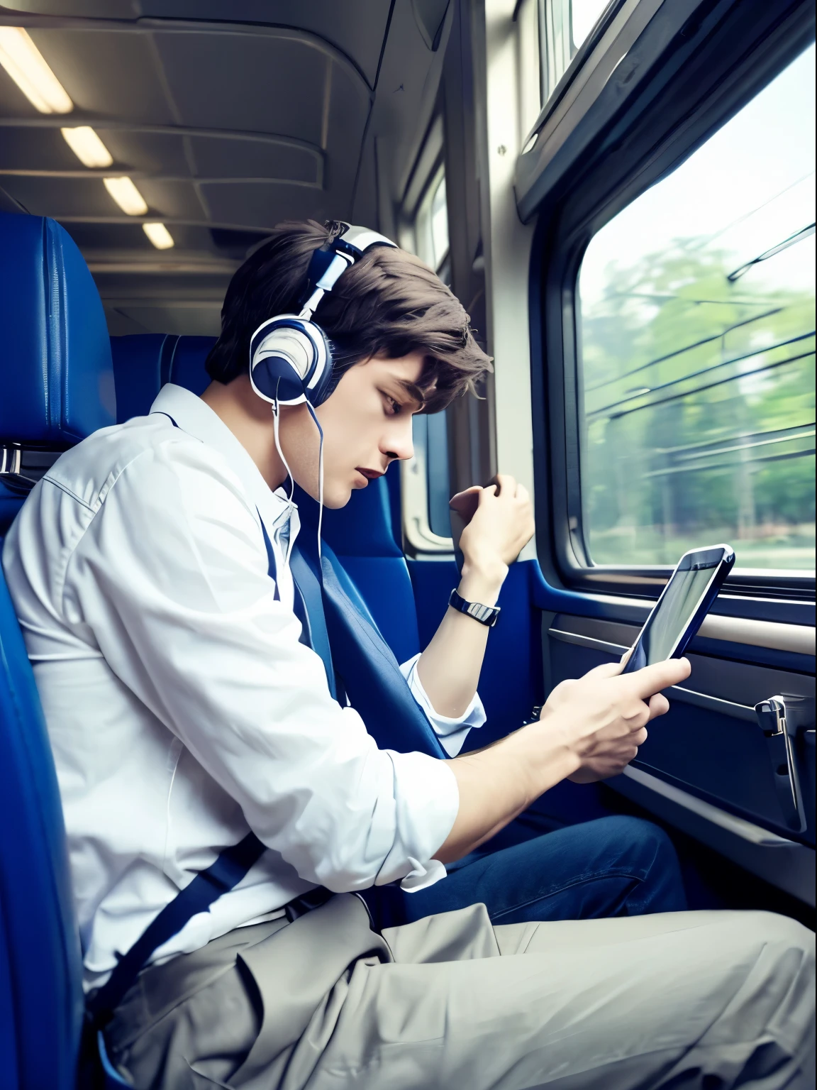 masterpiece, ((highest quality)), (super detailed), chromatic aberration, half // (boy: 1.1), train, carriage, headphones, white shirt, suitcase, brunette ,// boy sitting in carriage, Leaning on your seat, Wear blue headphones, Looking down and playing with a cell phone