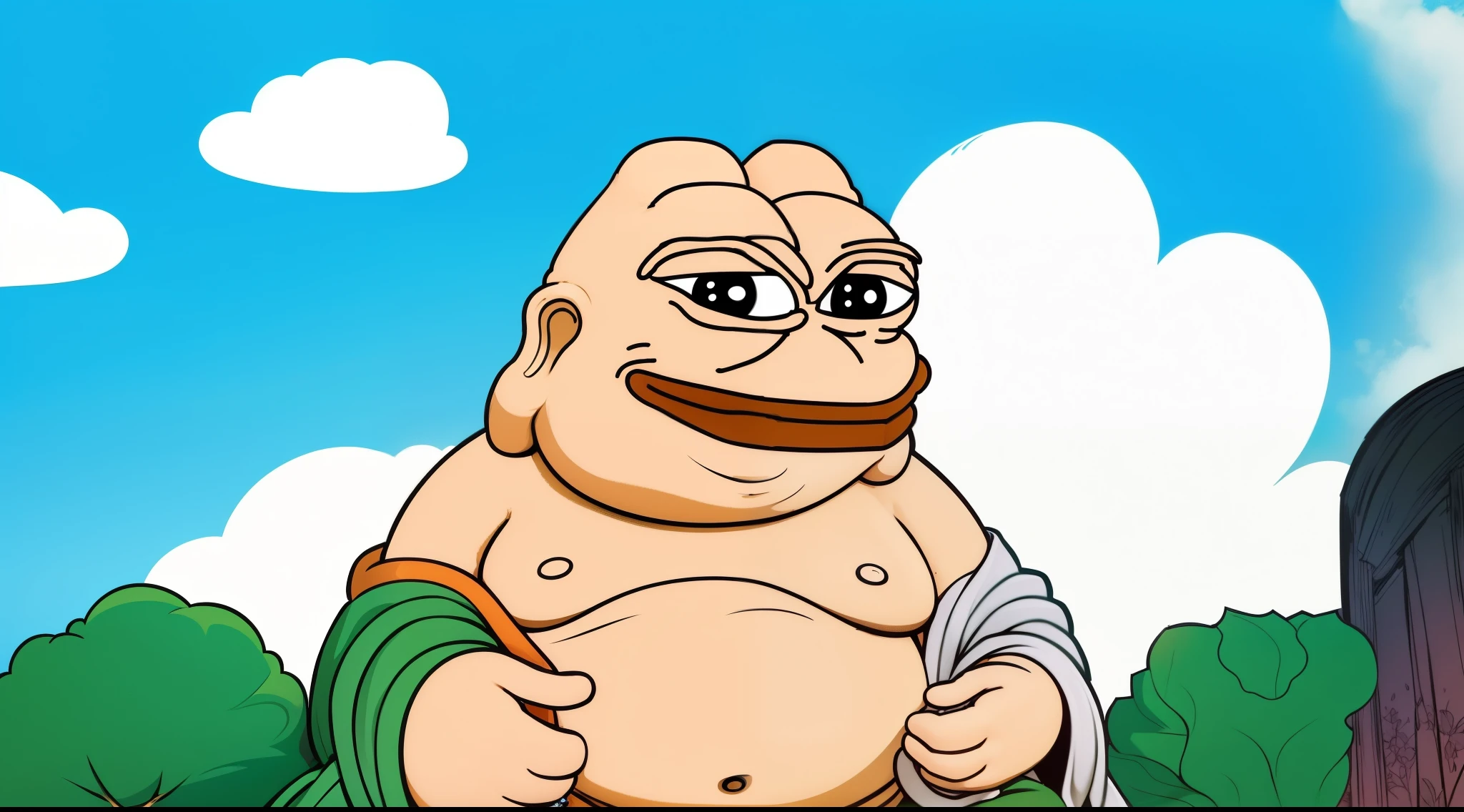 cartoon illustration of a fat man sitting on a lotus flower, super rich happy pepe, japanese god, inspired by Gatōken Shunshi, fisting monk, inspired by Shūbun Tenshō, mr. nimbus character design, pepe, inspired by Kanbun Master, inspired by Kaigetsudō Anchi, god of wealth