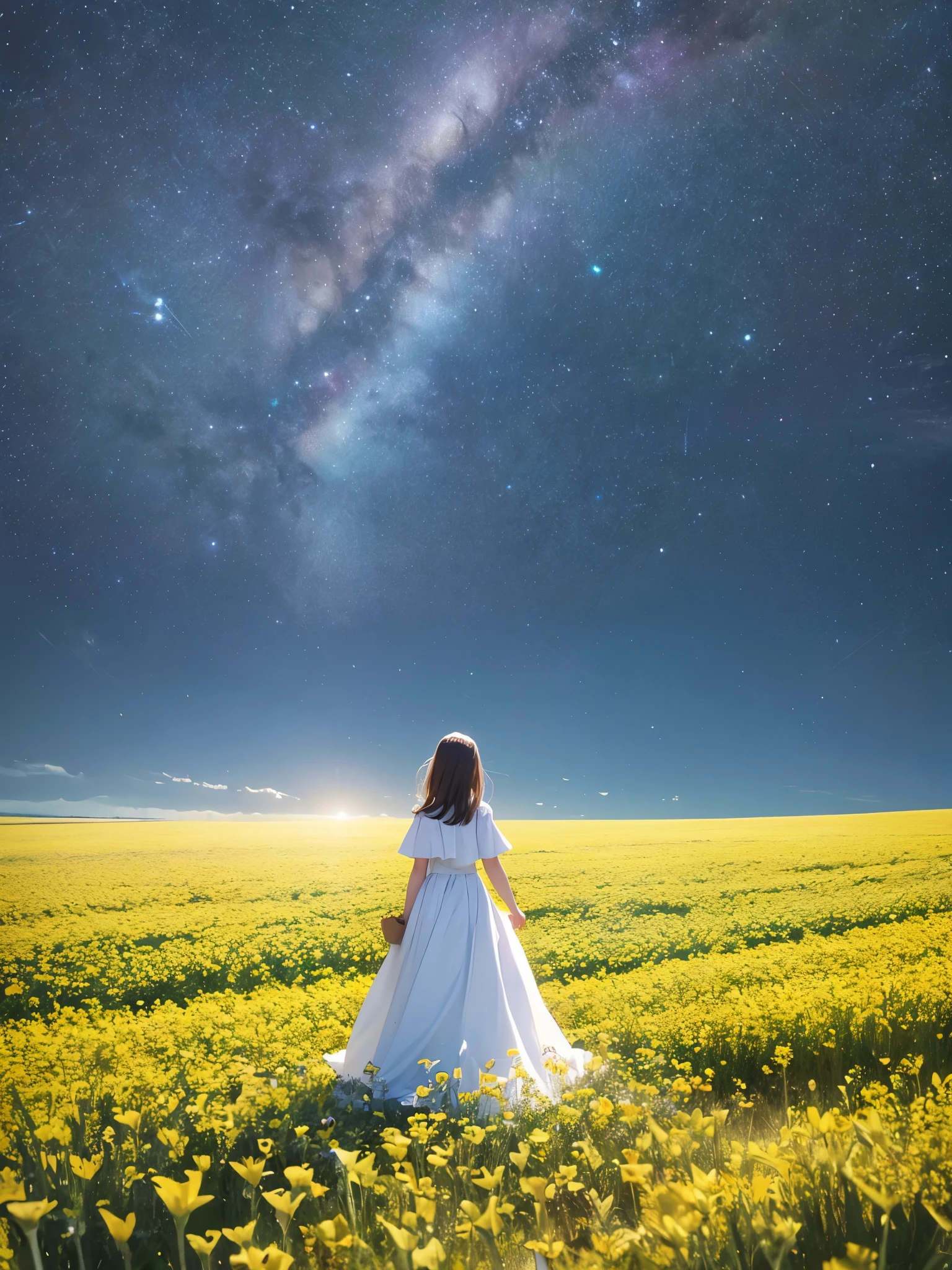 There is a girl standing in a flower field looking up at the sky, a girl standing in a flower field, a girl walking in a flower field, lost in a dreamy wonderland, fantastic digital painting, the sky gradually clears, the starry sky gradually recedes  