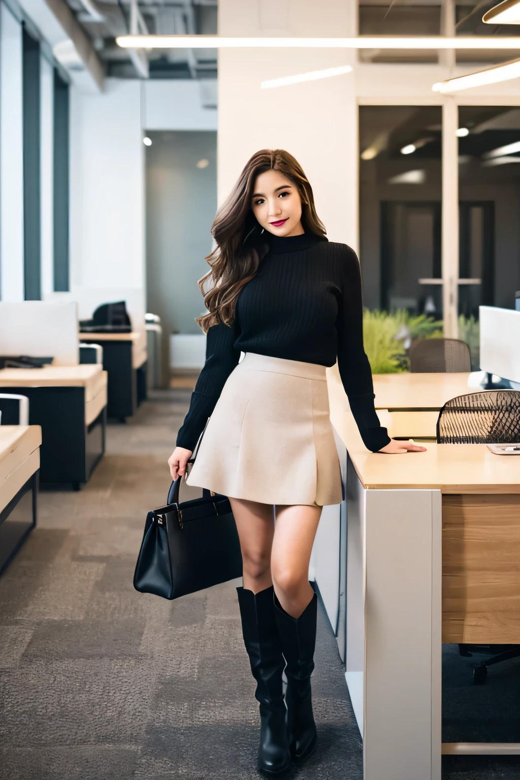 woman in her 20s、long hair waving in the wind、light brown hair、White Mohair Sweater、Black Mini Flare Skirt、Black Half Boots、Full body pose in office area