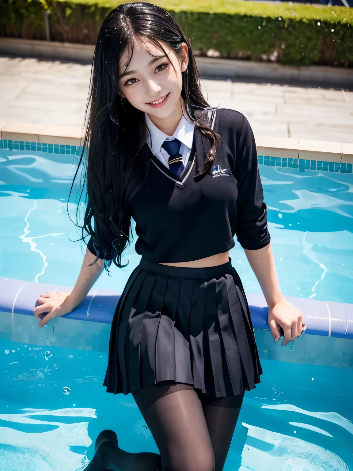 (((Beautiful girl in the pool in her school uniform)))、(((wet 、Wet hair、pleated skirt、Black pantyhose)))、smile