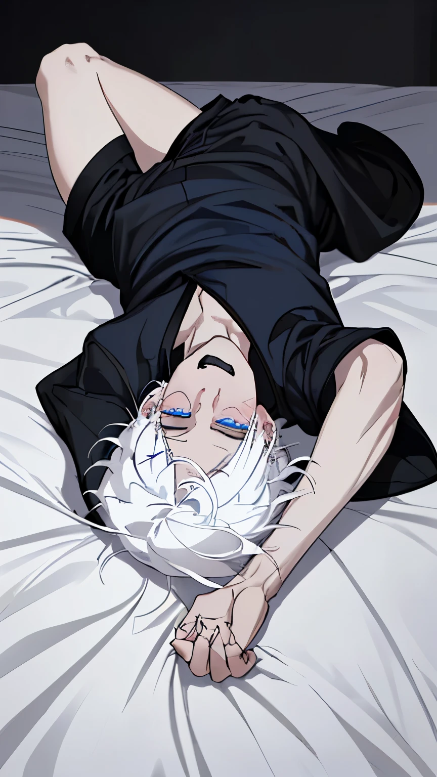 1boy, cute boy, wearing a black shirt and wearing black shorts, (white hair:1.2), messy hair, looking at viewer, blushing, (photo realistic:1.2), detailed eyes, blue sky eyes, he was lying on his back on the bed, (solo:1.2), fair skin