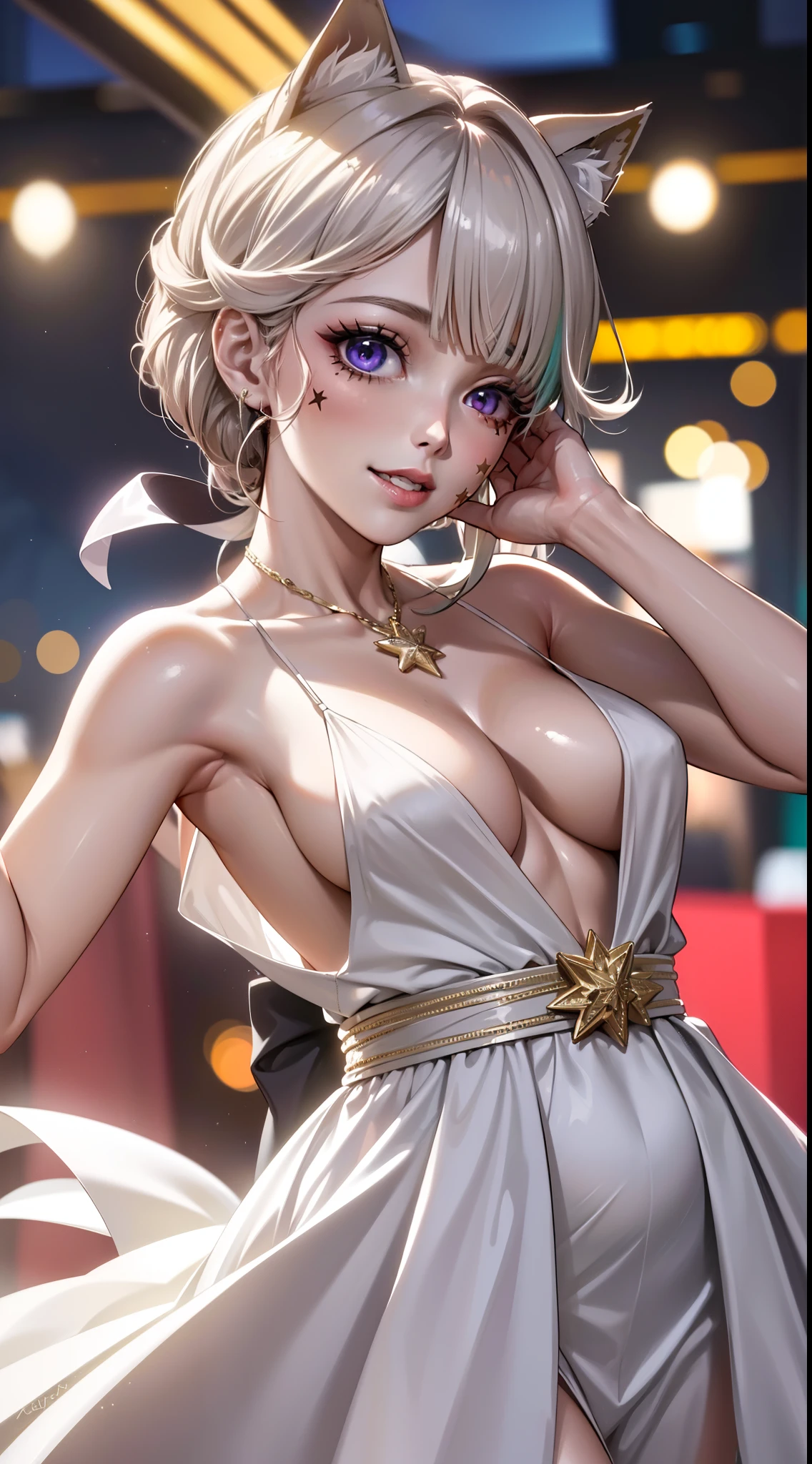 1girl star \(symbol\), sorriso sexy, peitos medios, apalpando os peitos, sorriso sexy, (alta qualidade, 8k, obra prima, qualidade ultra, extremamente detalhado, bem colorido, no blurries, foco absoluto, Impeccable quality), white dress
