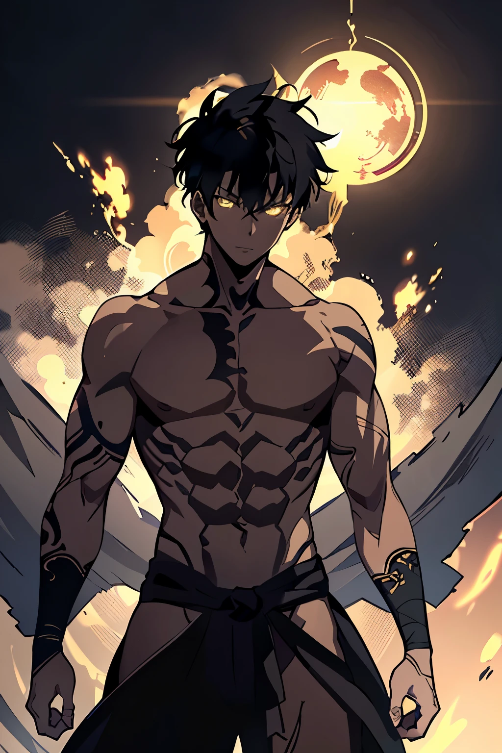 (high-quality, breathtaking),(expressive eyes, perfect face) 1boy, male, solo, young adult, black hair, yellow eyes, (short spiky hairstyles) short hair length, (dark skin), soft serious expression, Monk profession, martial artist, well built body, pants, knuckle bandages, environment background, fantasy clothing, fantasy attire, DnD Monk Class, oriental monk, half body, ancient Chinese swordsman hanfu, body tattoos, tribal body art, wuxia, black and gold clothing palette, ((tan skin color)), monk, bandage wrapped forearms, fantasy, (Dragon tattoo), (big Stigmata), character focus, ((black light)),((dark lighting)), cinematic lighting ,(darkness), (concept art), (glowing eyes), high resolution, extremely detailed CG unity 8k wallpaper, ((masterpiece)), ((top-quality)), (beautiful illustration), ((an extremely delicate and beautiful)), (masterpiece, Best quality, ultra high resolution), glowing yellow eyes, Luminous_eyes, ultra detailed eyes, Beautiful and detailed face, detailed eyes, (Centered, torso), (wide shot:0.9), facing the viewer, Eye level, (1 small black horn on top of head), white Chinese dragon in the background