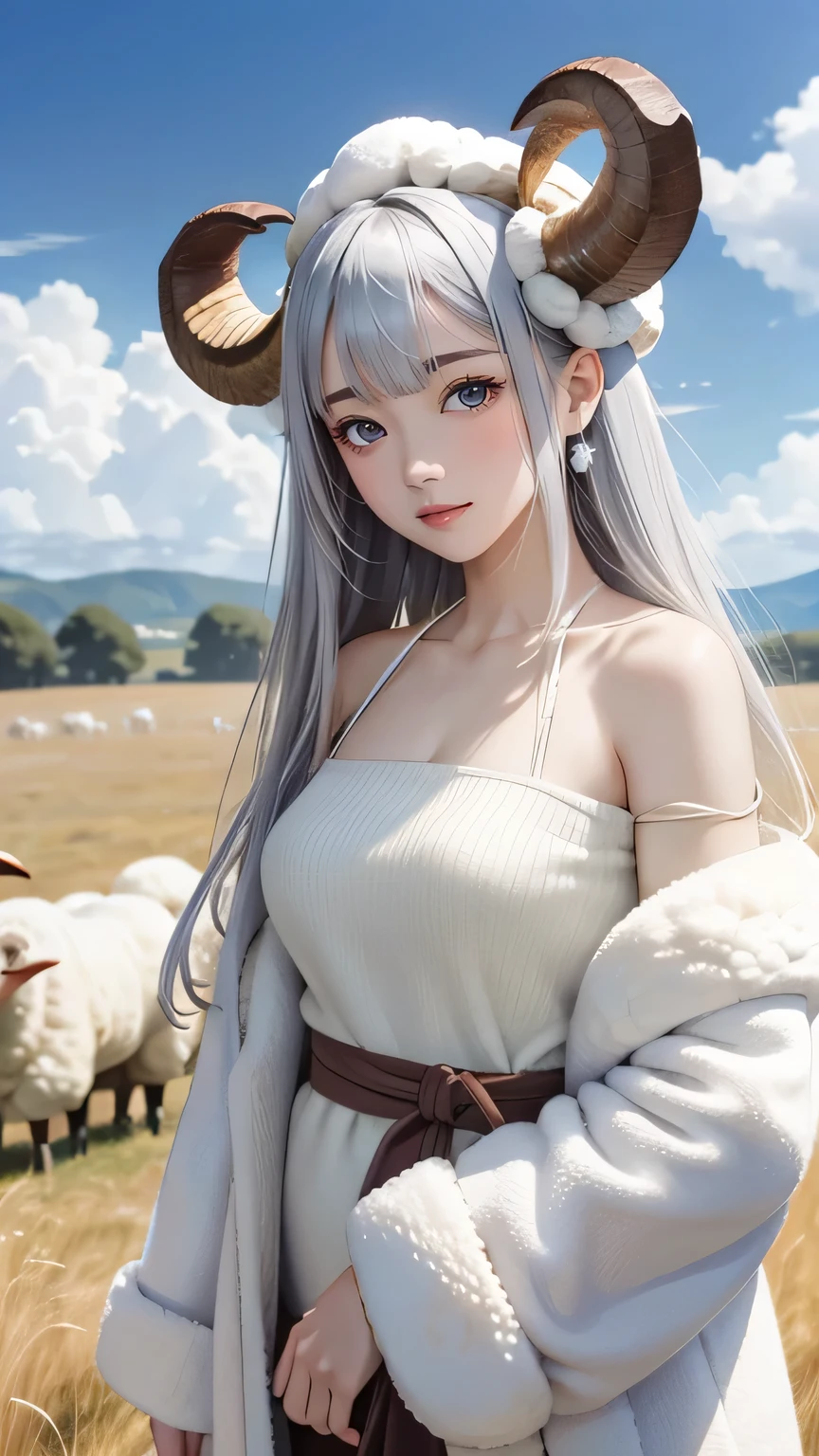 (((masterpiece))),((highest quality)),one beautiful japanese girl,pale, (Character that is a combination of human and sheep.: 1.5), (the presence of sheep horns on the head,:1.5)、gray hair、(belly button)、((fluffy white clothes)), (wool white clothes: 1.5), (private server), (exposure of skin),(The background is grassland:1.5).(((from the front:1.5)))、(straight front: 1.5)、
