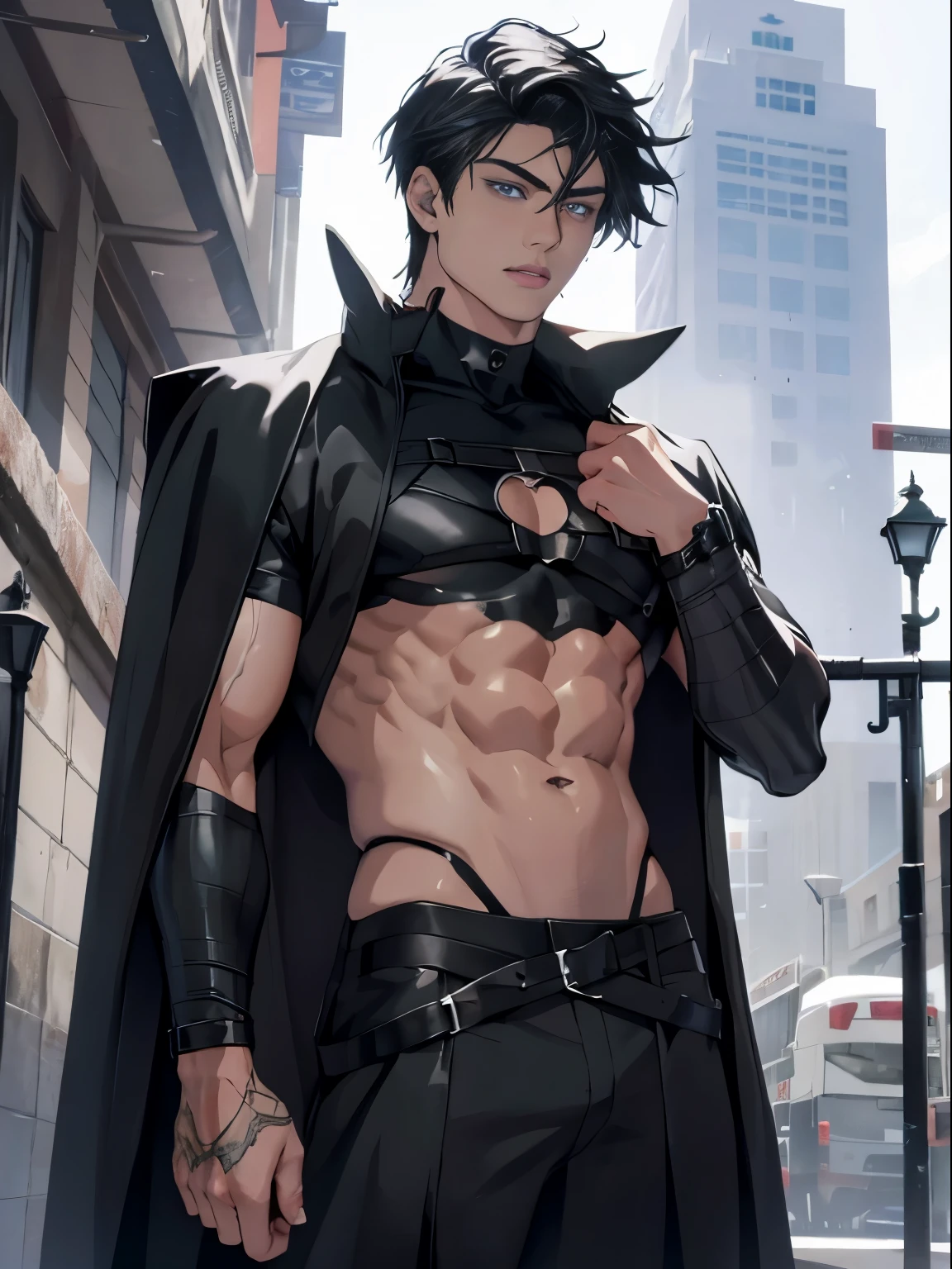 An attractive, muscular 16-year-old boy with violet eyes, He wears a black robe with trousers and intricate silver armor, dos grandes alas casi de su estatura de plumas negras y rojas crecen de sus hombros