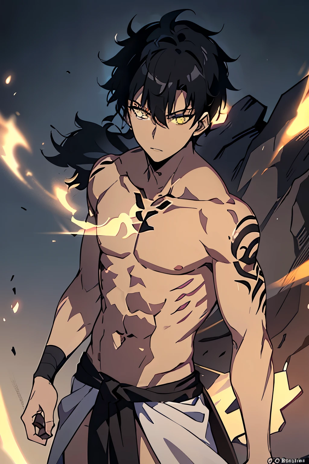 (high-quality, breathtaking),(expressive eyes, perfect face) 1boy, male, solo, young adult, black hair, yellow eyes, (short spiky hairstyles) short hair length, (dark skin), soft serious expression, Monk profession, martial artist, well built body, pants, knuckle bandages, environment background, fantasy clothing, fantasy attire, DnD Monk Class, oriental monk, half body, ancient Chinese swordsman hanfu, body tattoos, tribal body art, wuxia, black and gold clothing palette, ((tan skin color)), monk, bandage wrapped forearms, fantasy, (Dragon tattoo), (big Stigmata), character focus, ((black light)),((dark lighting)), cinematic lighting ,(darkness), (concept art), (glowing eyes), high resolution, extremely detailed CG unity 8k wallpaper, ((masterpiece)), ((top-quality)), (beautiful illustration), ((an extremely delicate and beautiful)), (masterpiece, Best quality, ultra high resolution), glowing yellow eyes, Luminous_eyes, ultra detailed eyes, Beautiful and detailed face, detailed eyes, (Centered, torso), (wide shot:0.9), facing the viewer, Eye level, (1 small black horn on top of head), white Chinese dragon in the background