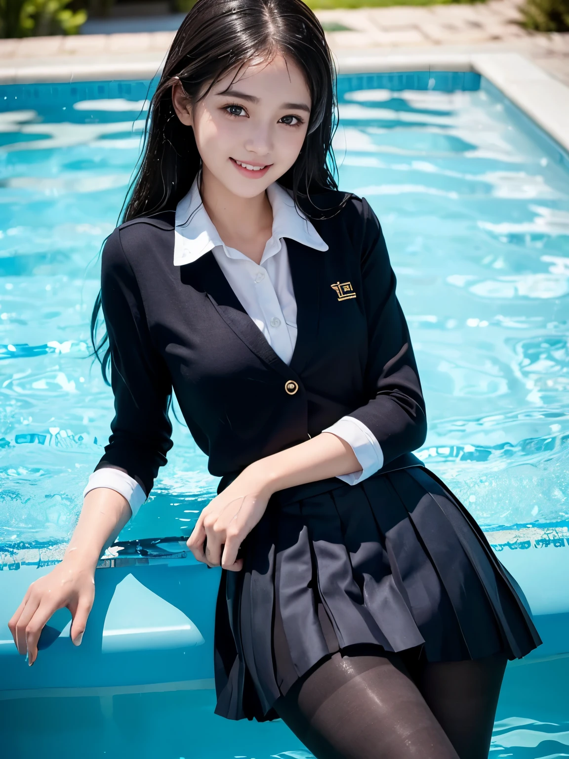(((Beautiful girl in the pool in her school uniform)))、(((wet 、Wet hair、pleated skirt、Black pantyhose)))、smile