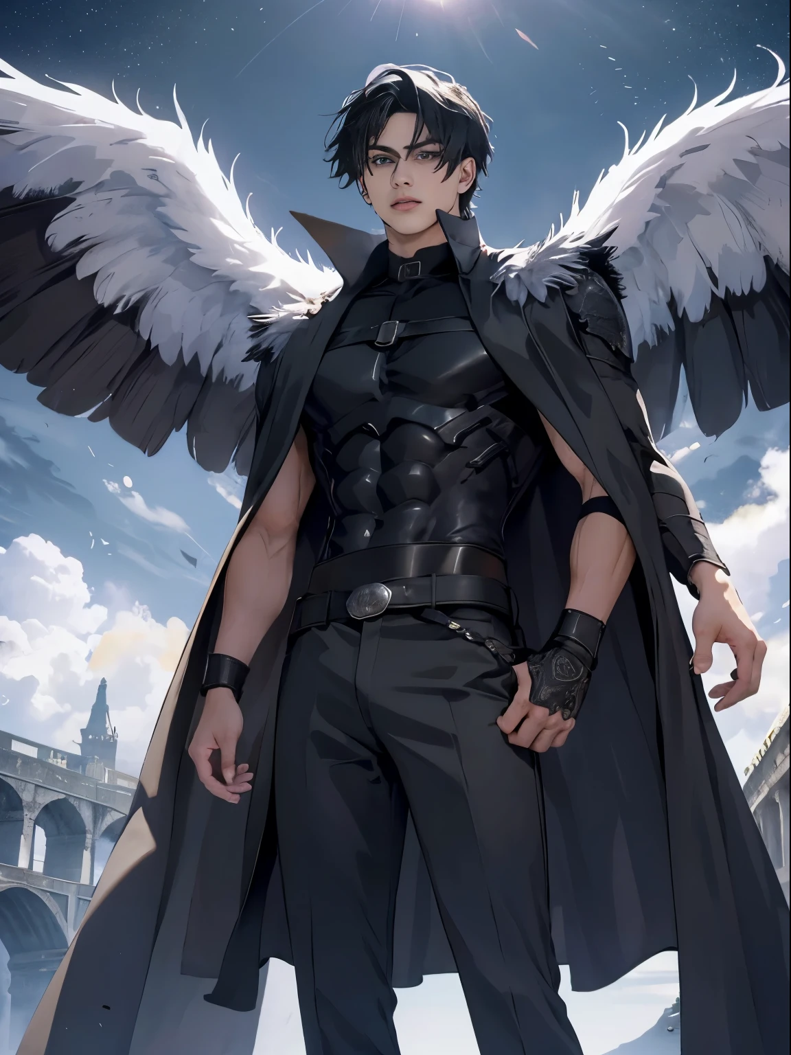 An attractive, muscular 16-year-old boy with violet eyes, He wears a black robe with trousers and intricate silver armor, dos grandes alas casi de su estatura de plumas negras y rojas crecen de sus hombros