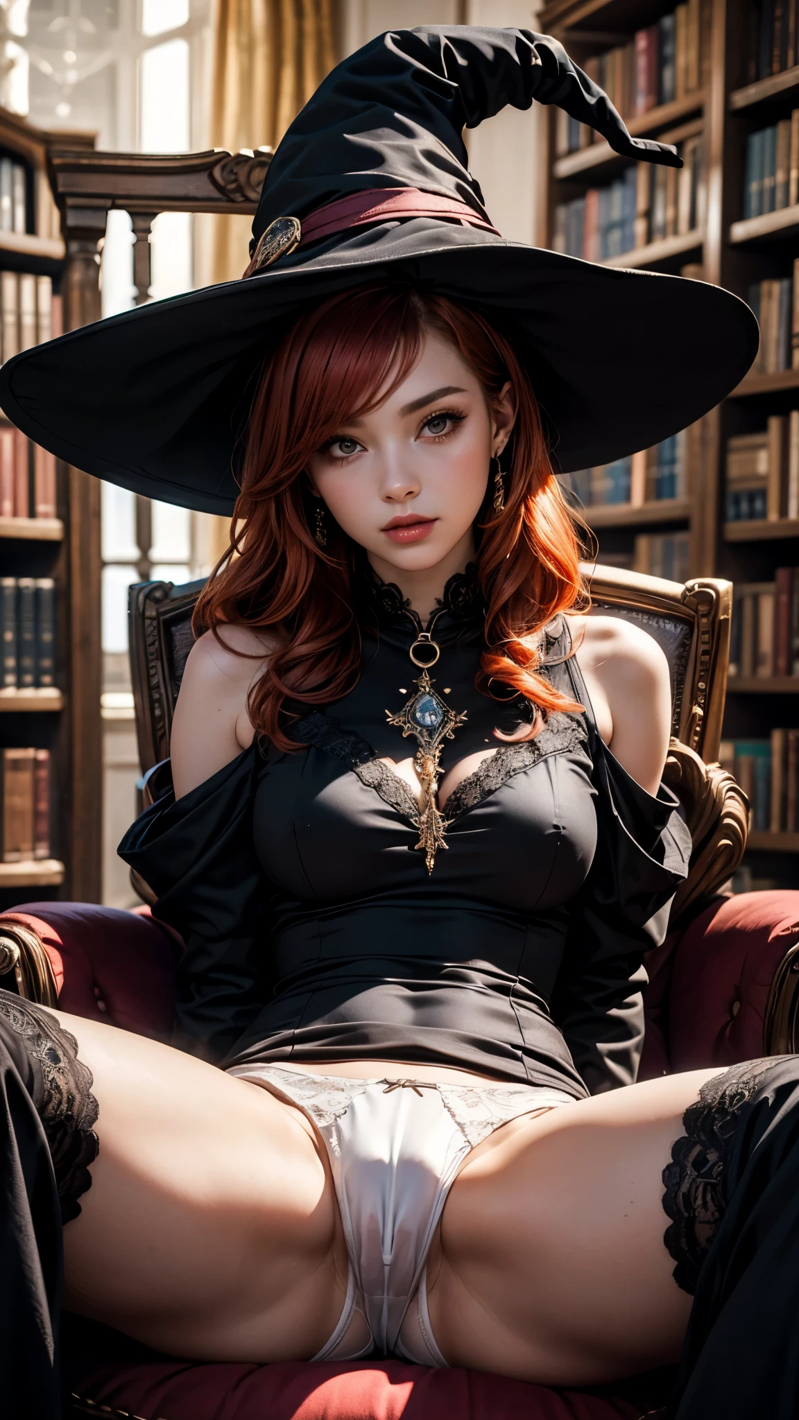 1 female、(european:1.2)、(redhead:1.1)、(super beautiful)、(beautiful face:1.5)、(adult face)、18 year old witch、(white panties:1.2)、spread your legs to the side、(wizard hat)、(black dress:1.2)、library 、stockings 、wearing makeup、libray chairs、(At SFW:1.7)
