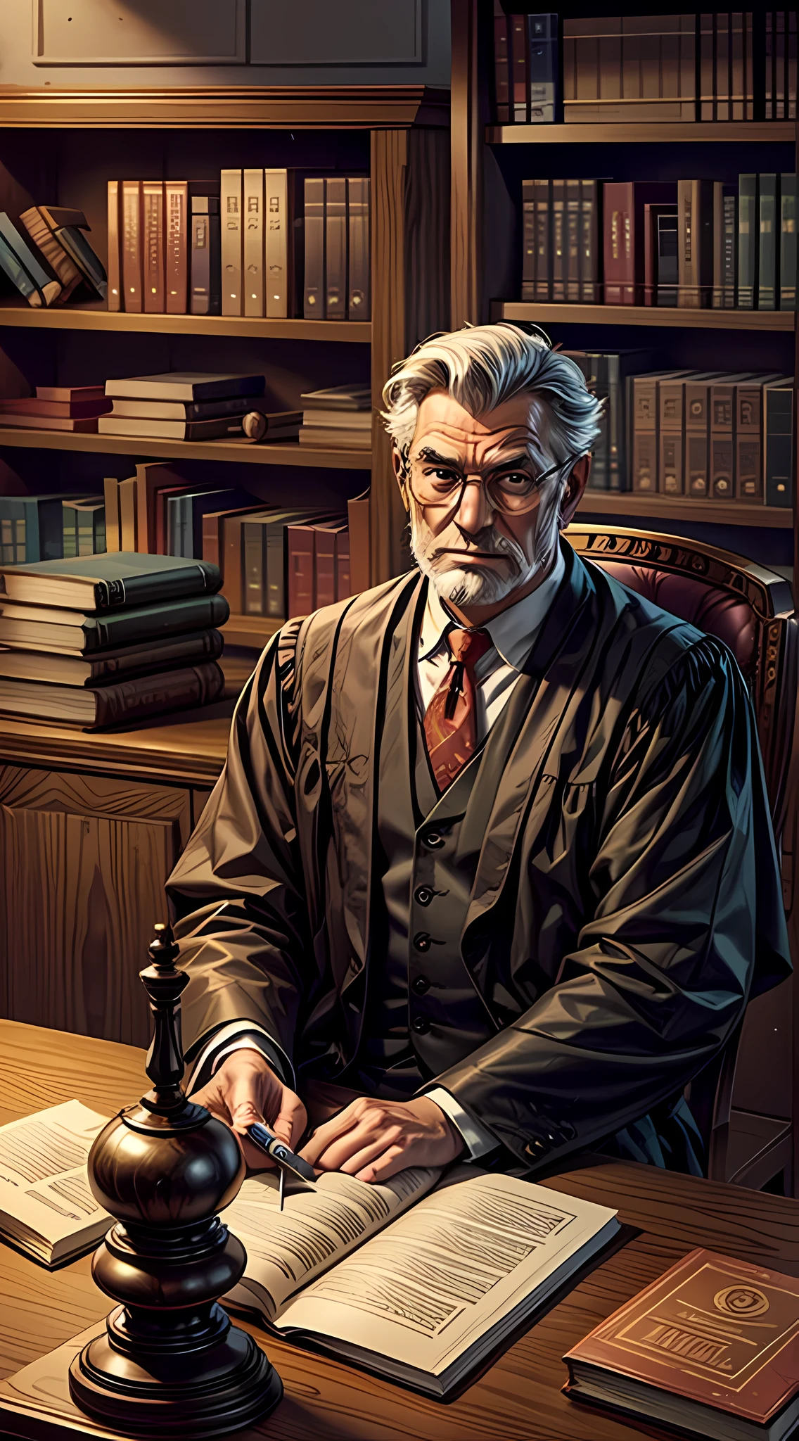 A judge looking for the camera, A judge is sitting at a table with books and a pencil in his hand.