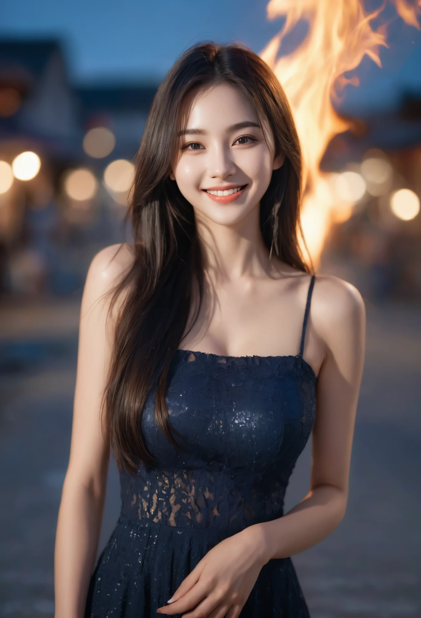 arien photography,1girl,solo,smile,long hair,black hair,looking at viewer,realistic,blurry,blurry background,teeth,black eyes,fire,watermark,grin,upper body,brown eyes,messy hair,lips,open mouth,web address,brown hair,bare shoulders,dress,night,outdoors