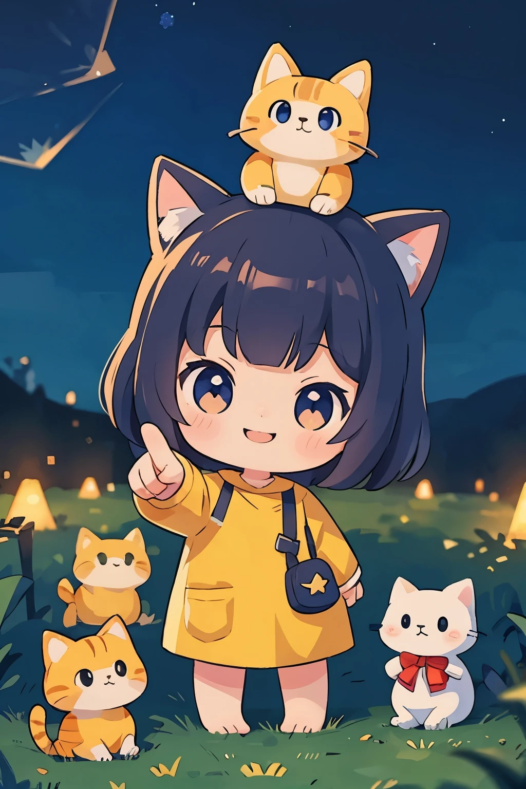 The following scenes will be expressed using chibi girl dolls.(Photoreal、pointing at the stars in the night sky、smile、Cat at feet)