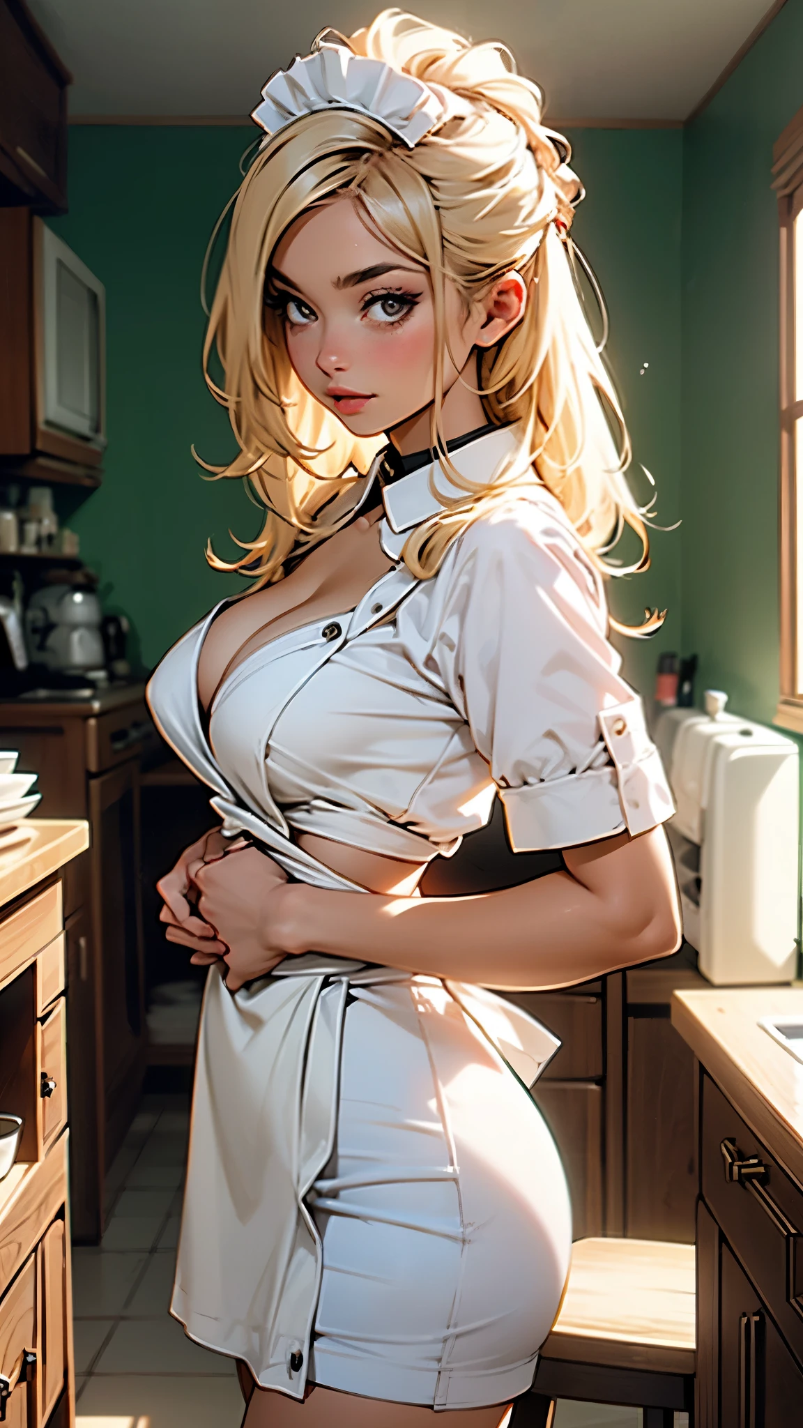 Busty blonde maid. Low cut. Facing camera.