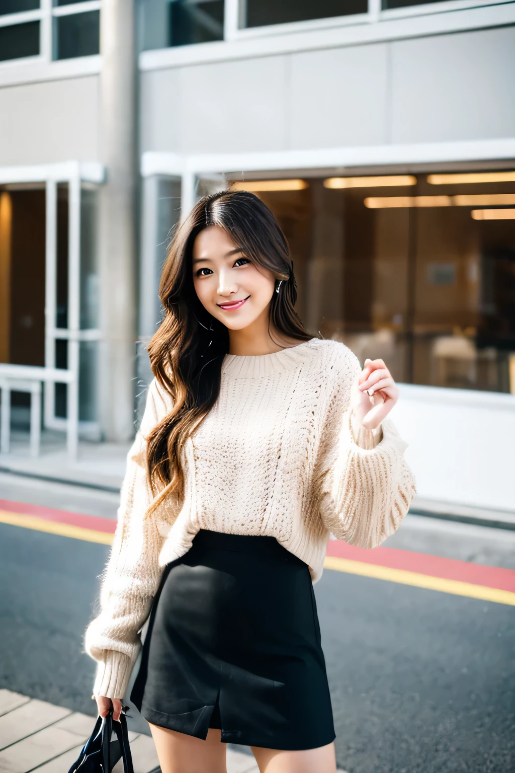 22 year old female、long hair waving in the wind、light brown hair、White Mohair Sweater、Black mini flared skirt、black short boots、Full body pose in office area