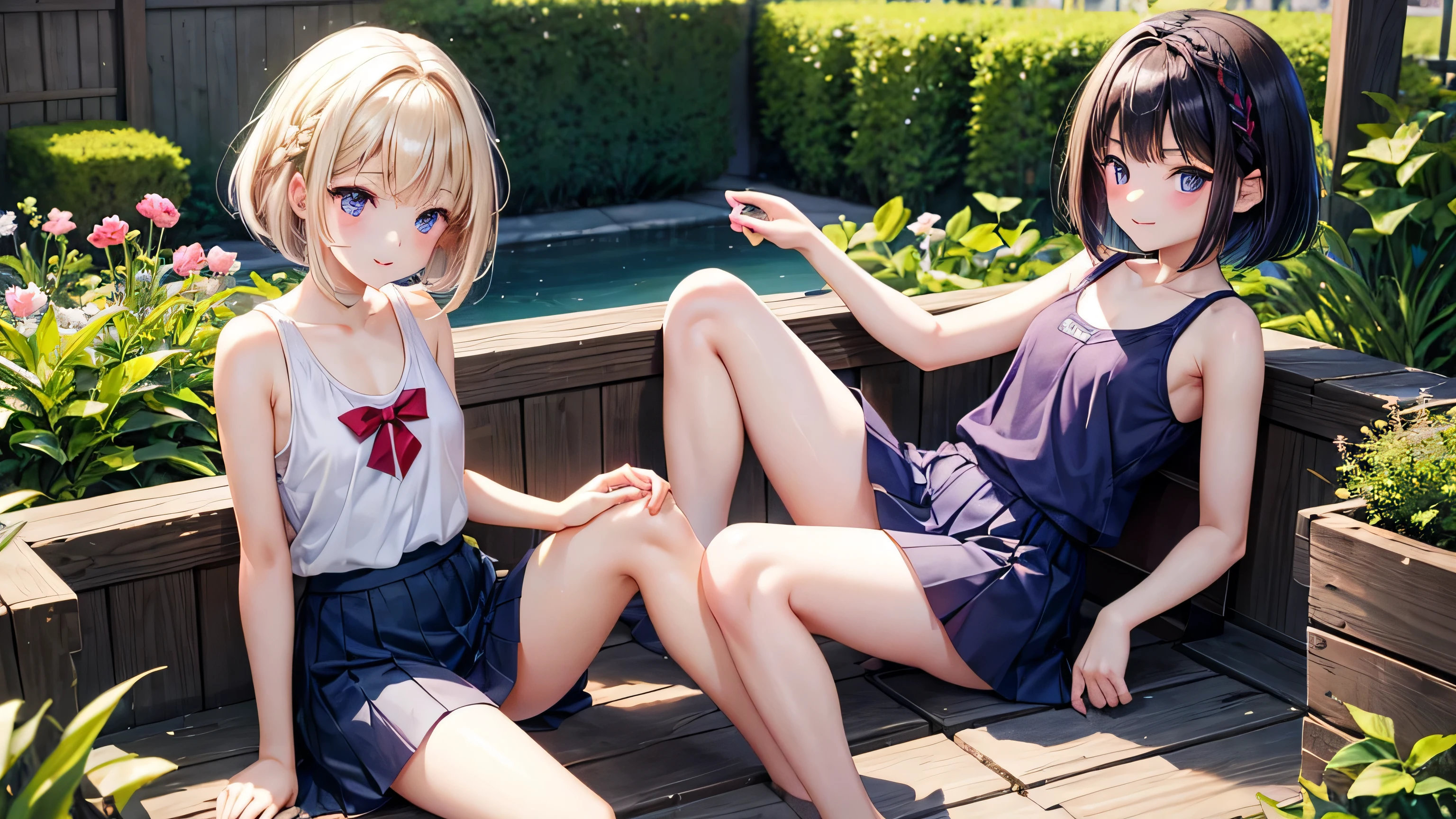 very cute girl、I&#39;m 11 years old、dark brown hair、medium long hair、purple eyes、smile、透き通ったwhite skin、Navy blue tank top、navy blue blitz skirt、bob cut、short hair、blue eyes、whole body、grassland、8K、4k、High resolution、fine-grained、2 girls 、I&#39;m 11 years old、blonde、Braid、red eyes、two cute girls、and soul、、mini skirt、透き通るwhite skin、white skin、beautiful skin、white panties、beautiful feet、slim legs,garden、