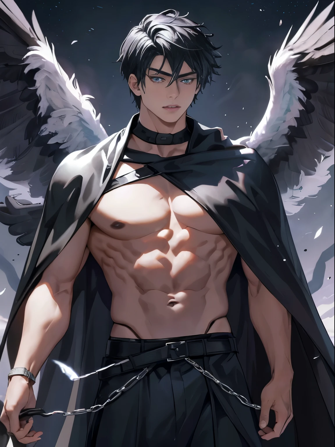 An attractive, muscular -yeld boith violet eyes, He wears a black robe with trousers and intricate silver armor, dos grandes alas casi de su estatura de plumas negras y rojas crecen de sus hombros