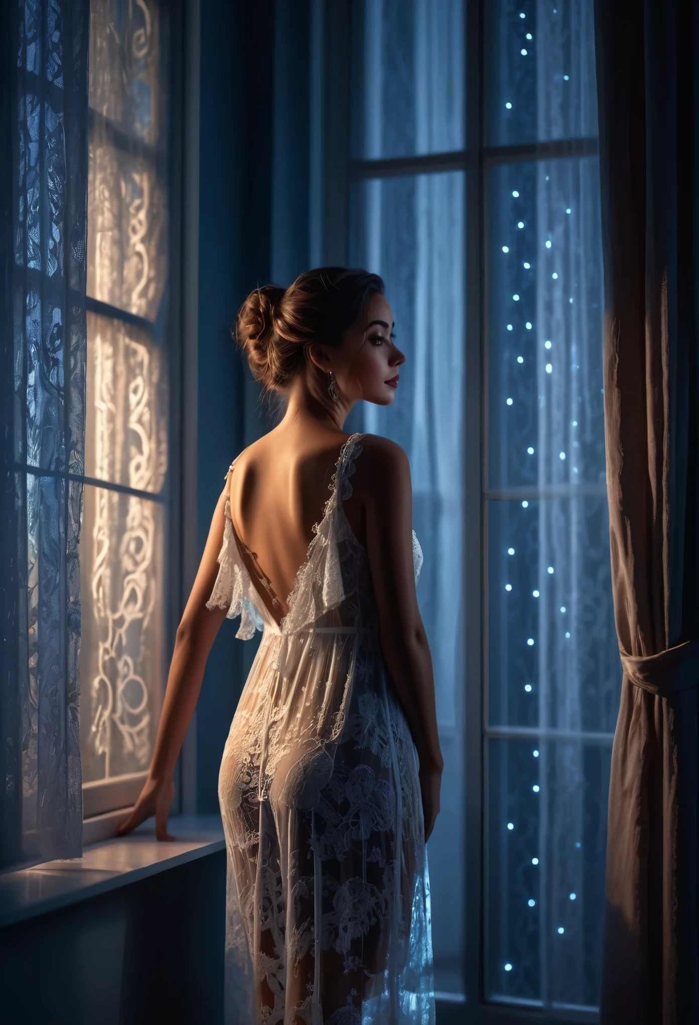 An alluring image of a woman in a lace nightgown, standing by the window with moonlight streaming across her curves. 8k, hyper realism, vibrant colors, sharp crisp image