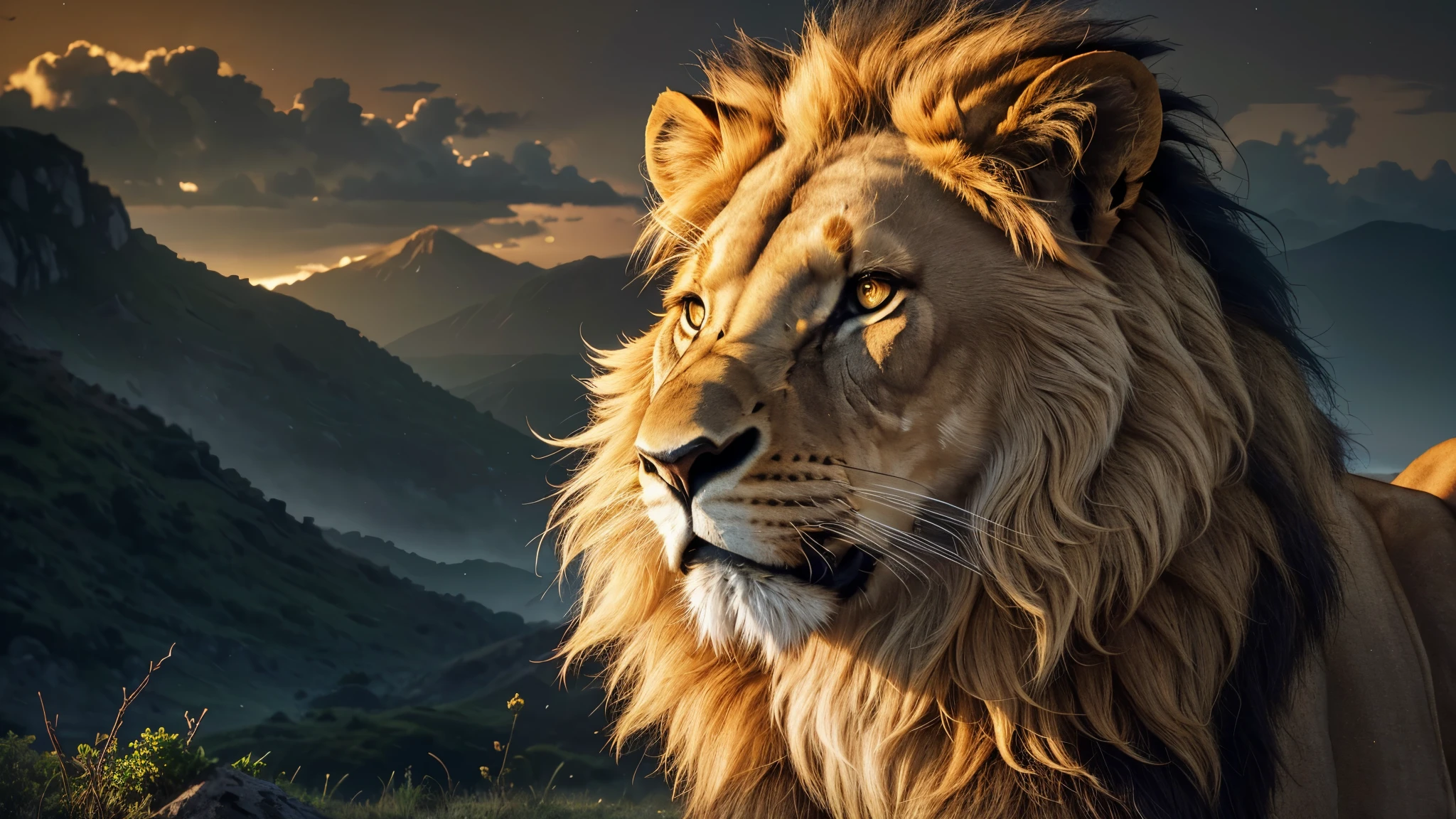 Lion, Divine Lion, Lion King, Lion Majestic, natural, Natureza, Rendering, fotorrealista, UltraHigh definition, 4K, texturasdetalhadas, thunder, sombras detalhadas, cores detalhadas, por do sol, sol se pondo, Sunset, Natureza Linda, Grande Divino, por do sol, contraste detalhado, Contraste realista, high resolution, cores detalhadas, fogo, eletricidade, divina criatura, 8k, realista detalhado, 16k, 8k, High definition, elegante,