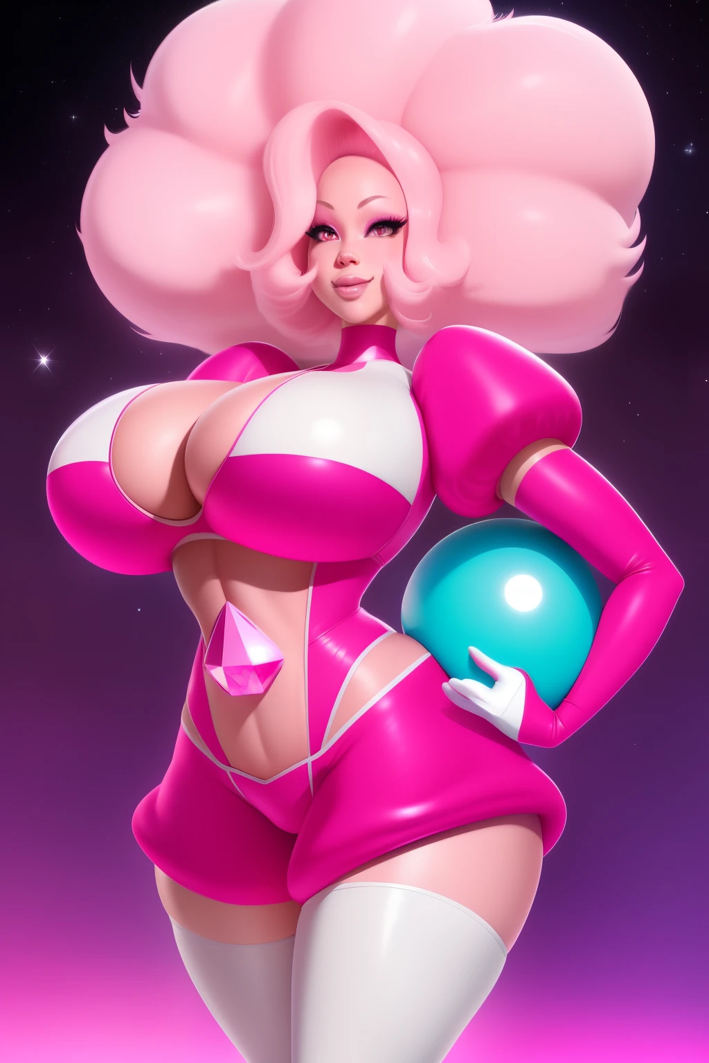 pnkdamond, pink hair, pink eyes,  big hair,  stomach gem,  pink skin,  toned, 
puffy short sleeves, elbow gloves ,  white thighhighs,   puffy dress, 
standing, upper body, 
 outerspace,  
(insanely detailed, beautiful detailed face,beautiful detailed eyes, masterpiece, best quality) cinematic lighting,  smile, 
 