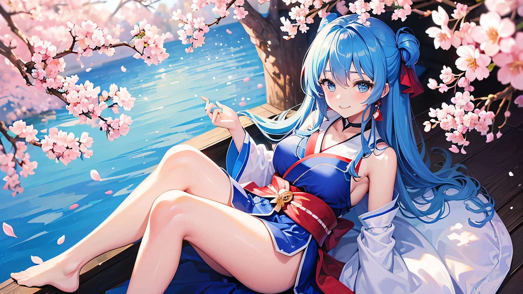 perfect anatomy, masterpiece:1.2, highest quality, 8K, beautiful and detailed growth, Utopian performance, (in the Kokura Castle, A field with many cherry blossoms in full bloom), (Kokura Castle Sakura Festival), The background is ((Fluttering cherry blossom petals)), break, (amount:0.3 Lovely girl with long blue hair, 14, cute blue eyes, best smile), Wearing a beautiful blue shrine maiden costume.